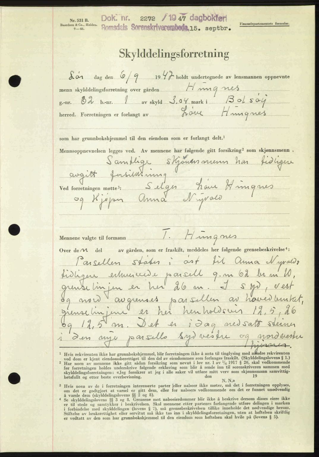 Romsdal sorenskriveri, AV/SAT-A-4149/1/2/2C: Mortgage book no. A24, 1947-1947, Diary no: : 2272/1947