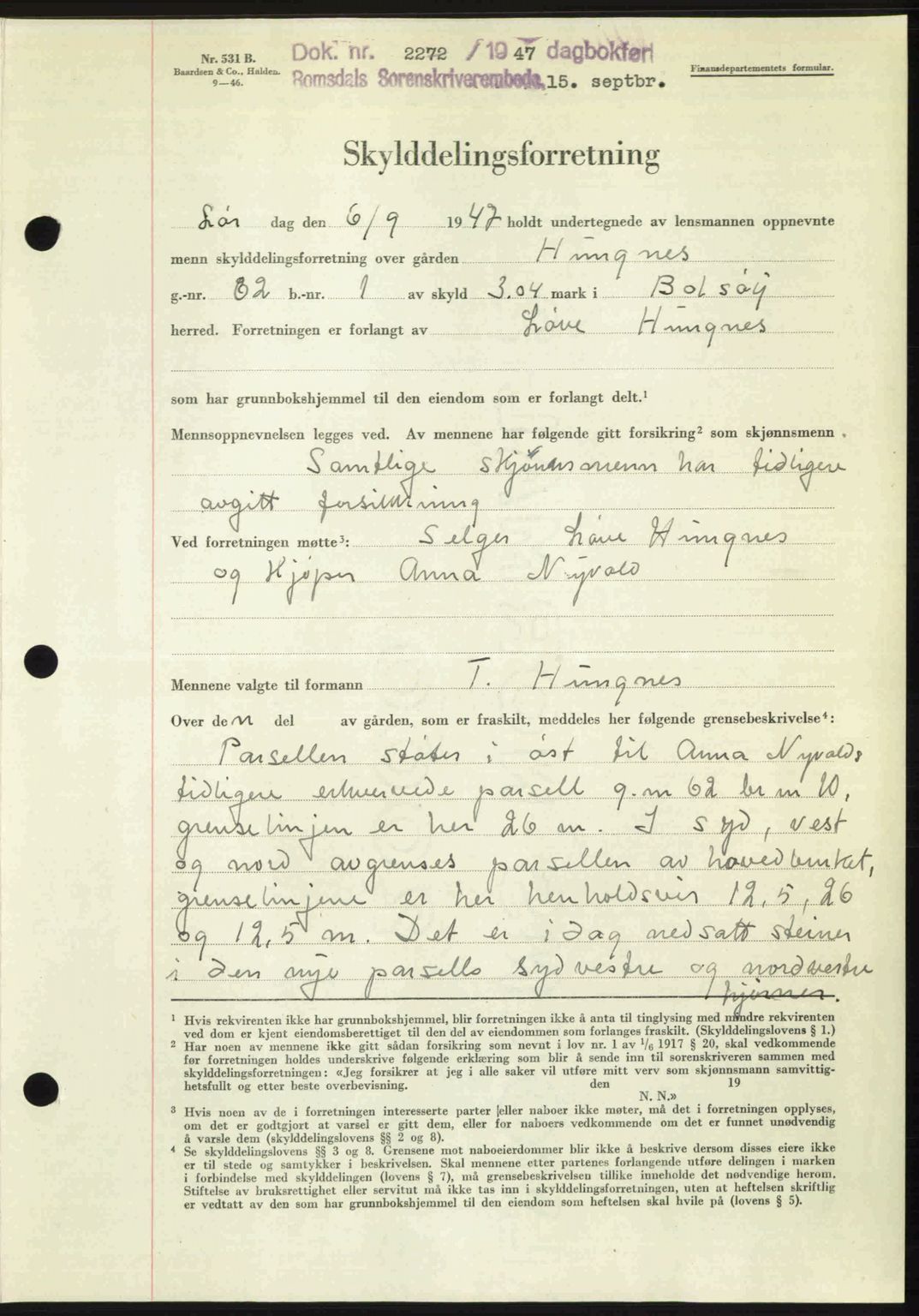 Romsdal sorenskriveri, SAT/A-4149/1/2/2C: Mortgage book no. A24, 1947-1947, Diary no: : 2272/1947