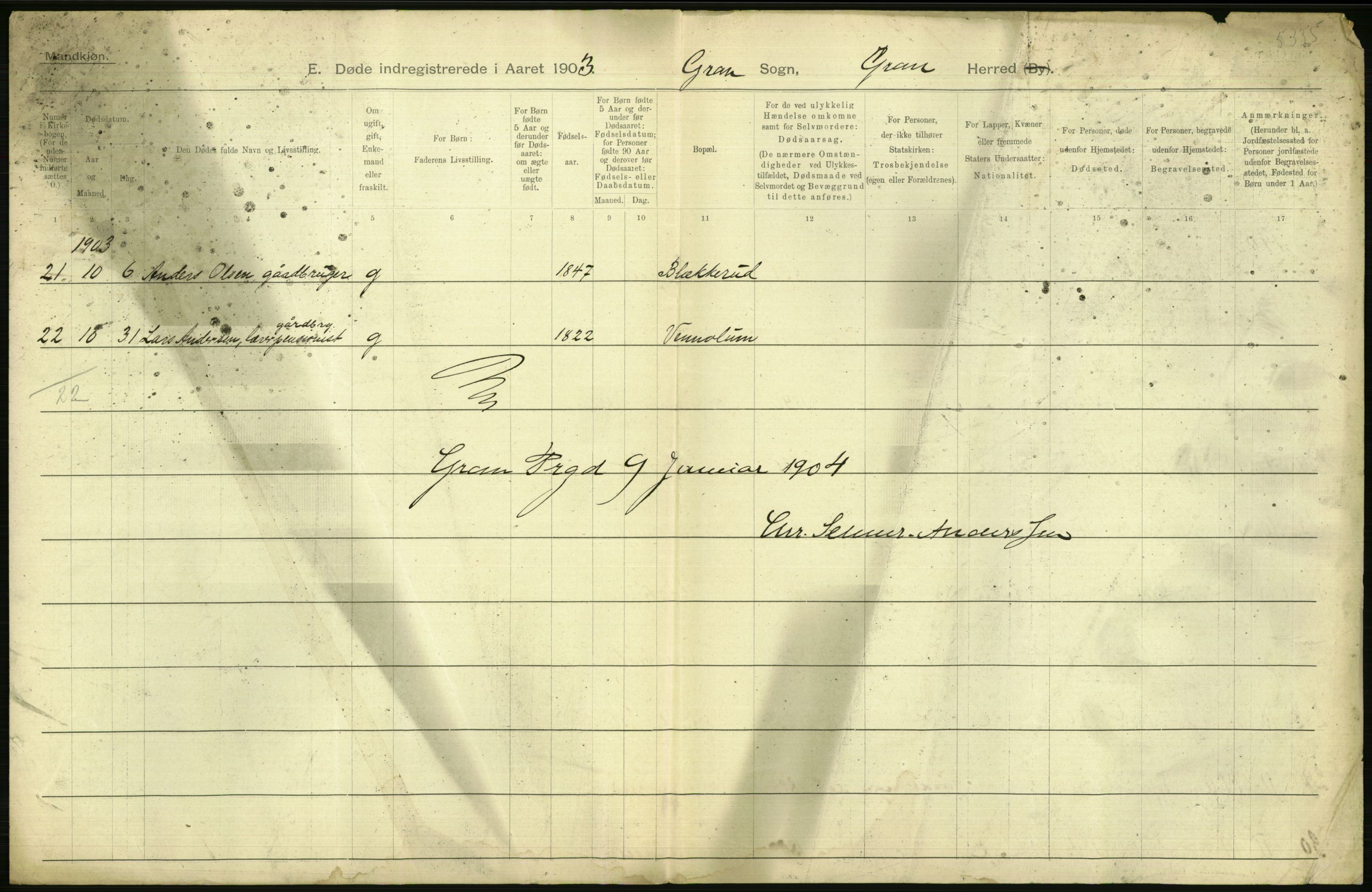 Statistisk sentralbyrå, Sosiodemografiske emner, Befolkning, AV/RA-S-2228/D/Df/Dfa/Dfaa/L0006: Kristians amt: Fødte, gifte, døde, 1903, p. 590