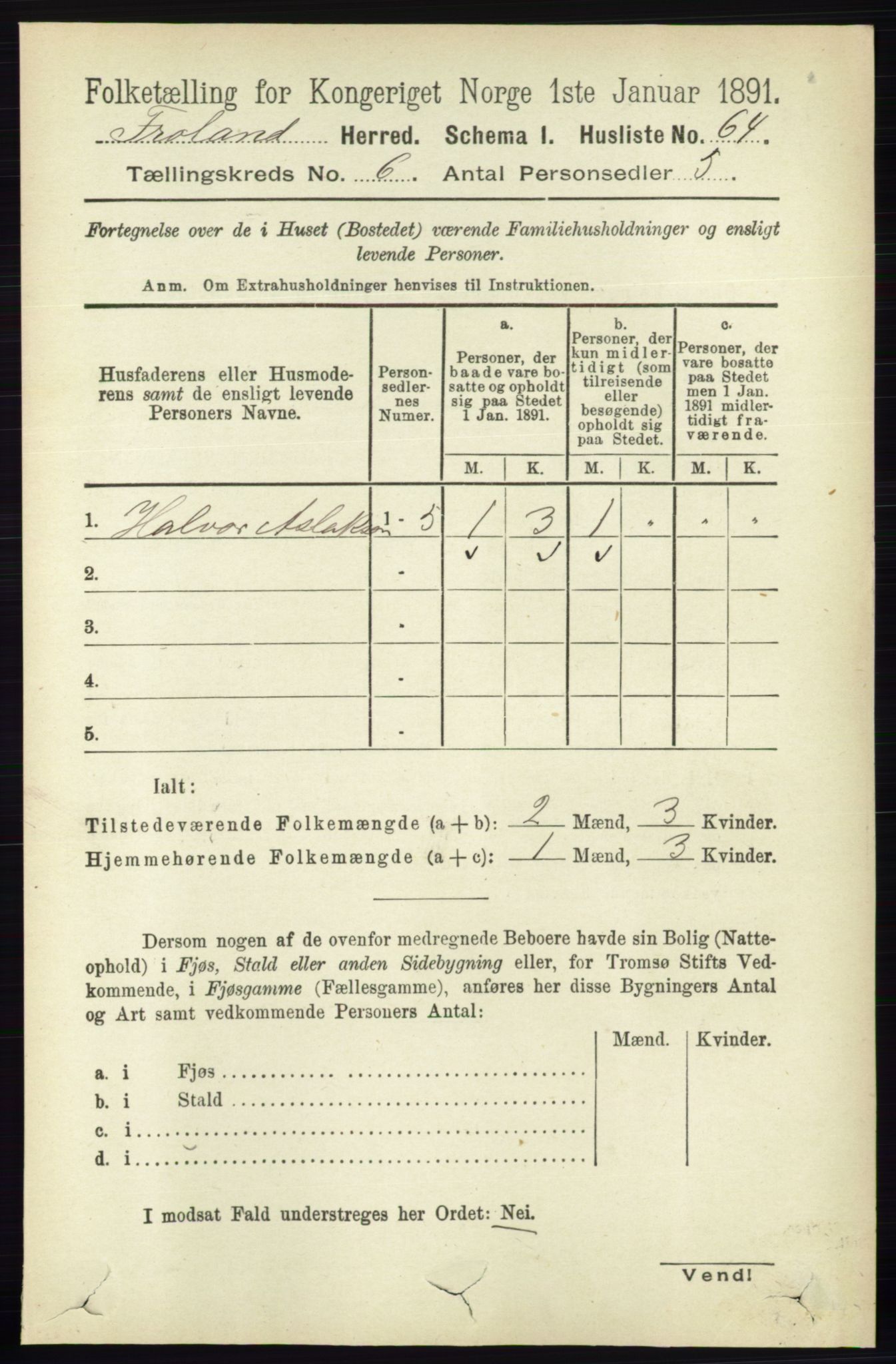 RA, 1891 census for 0919 Froland, 1891, p. 2196