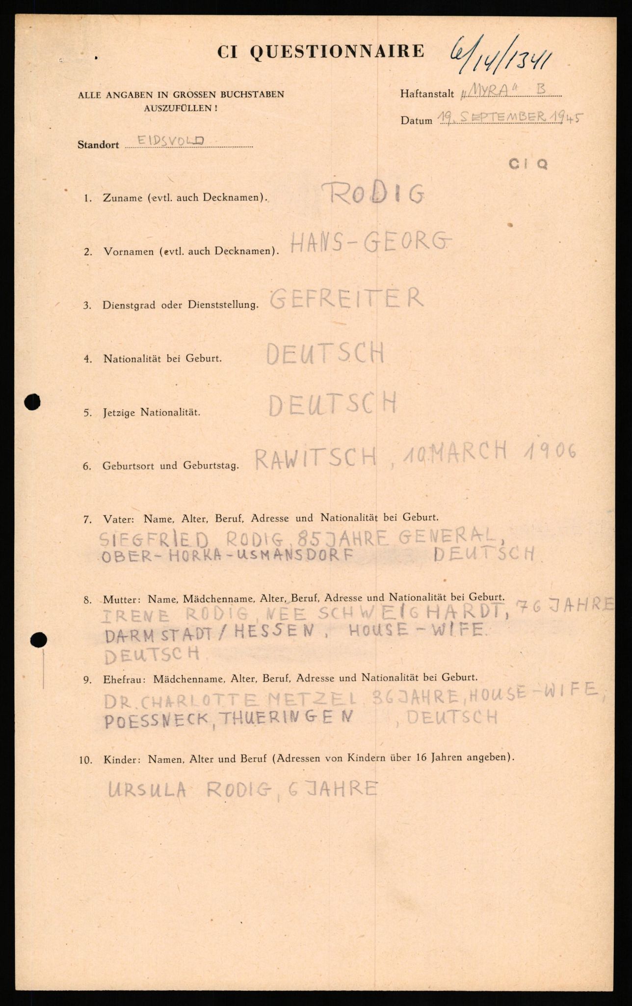 Forsvaret, Forsvarets overkommando II, RA/RAFA-3915/D/Db/L0027: CI Questionaires. Tyske okkupasjonsstyrker i Norge. Tyskere., 1945-1946, p. 505