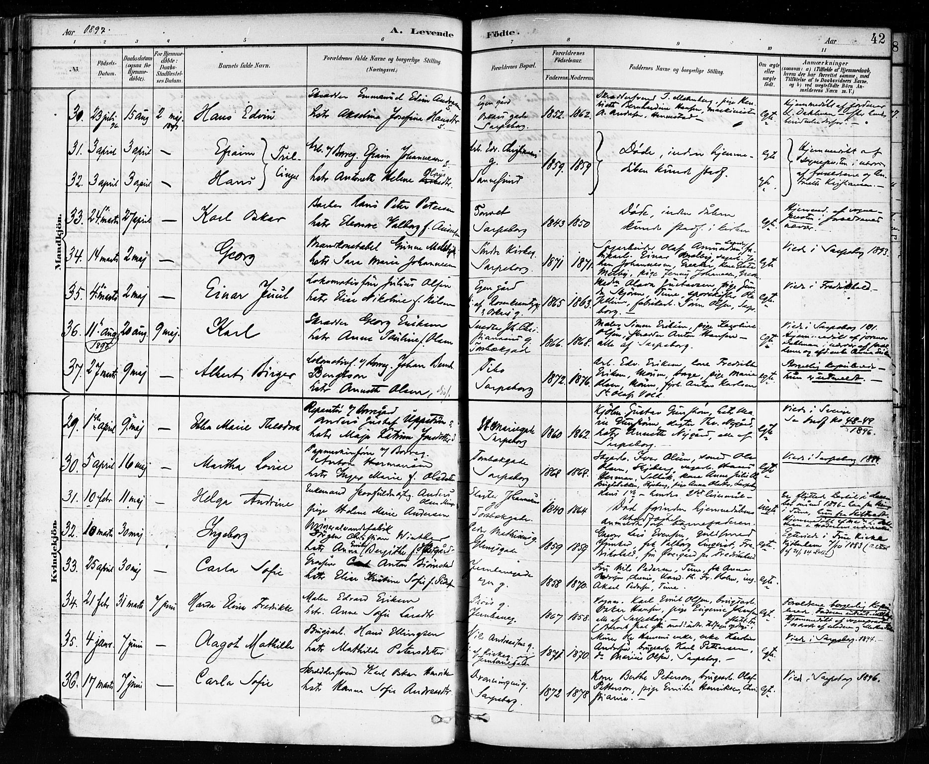 Sarpsborg prestekontor Kirkebøker, AV/SAO-A-2006/F/Fa/L0004: Parish register (official) no. 4, 1892-1899, p. 42