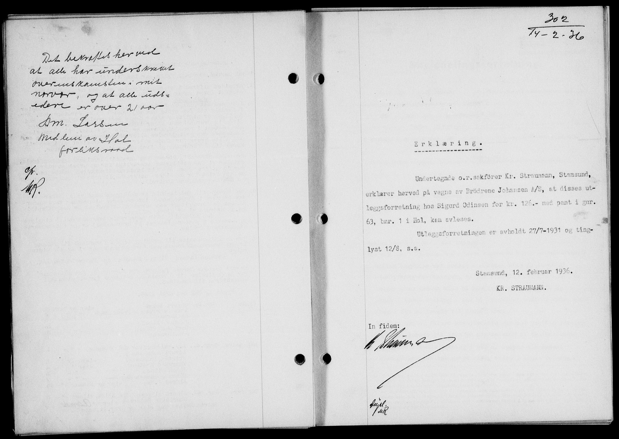 Lofoten sorenskriveri, SAT/A-0017/1/2/2C/L0033b: Mortgage book no. 33b, 1936-1936, Diary no: : 302/1936