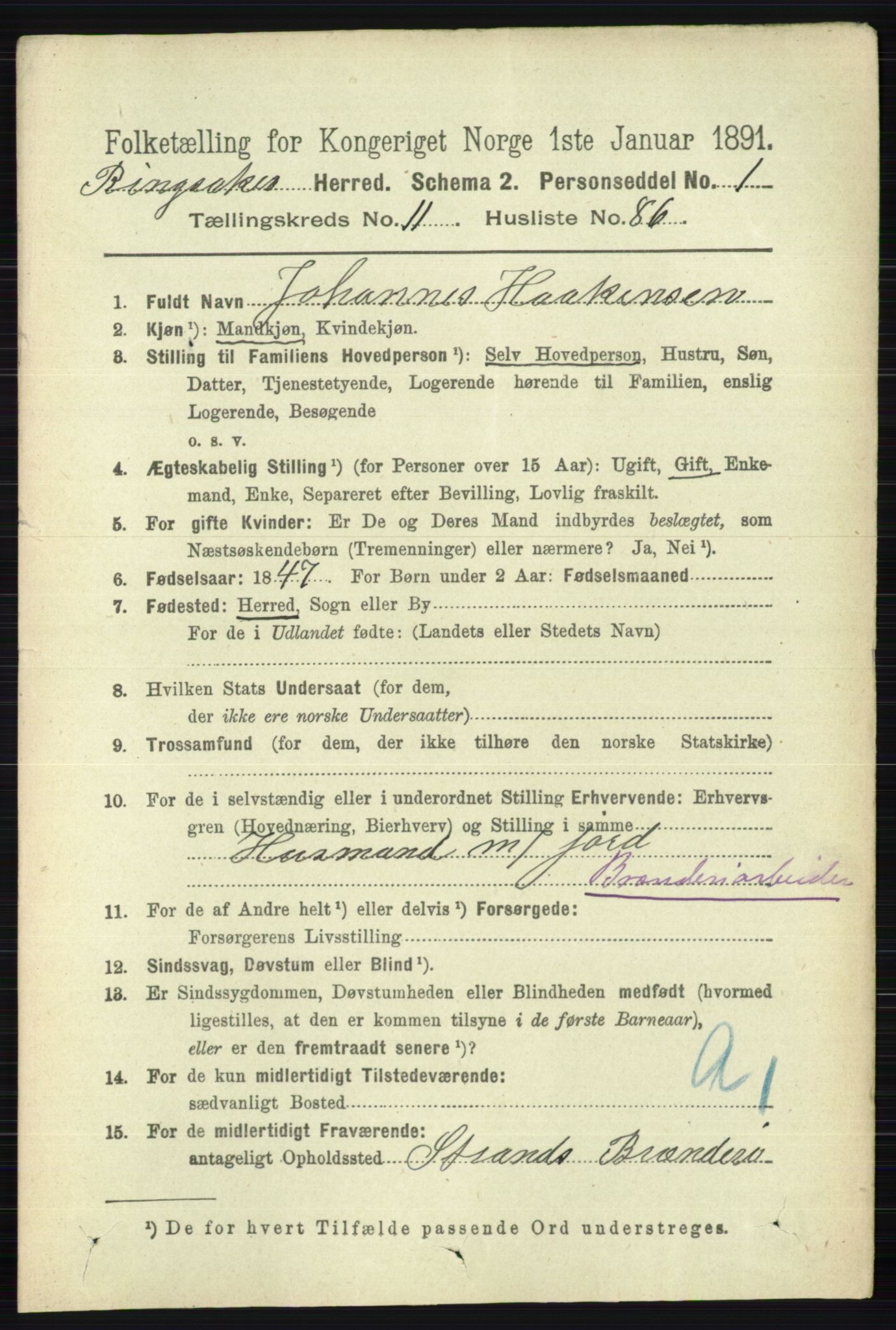 RA, 1891 census for 0412 Ringsaker, 1891, p. 6689