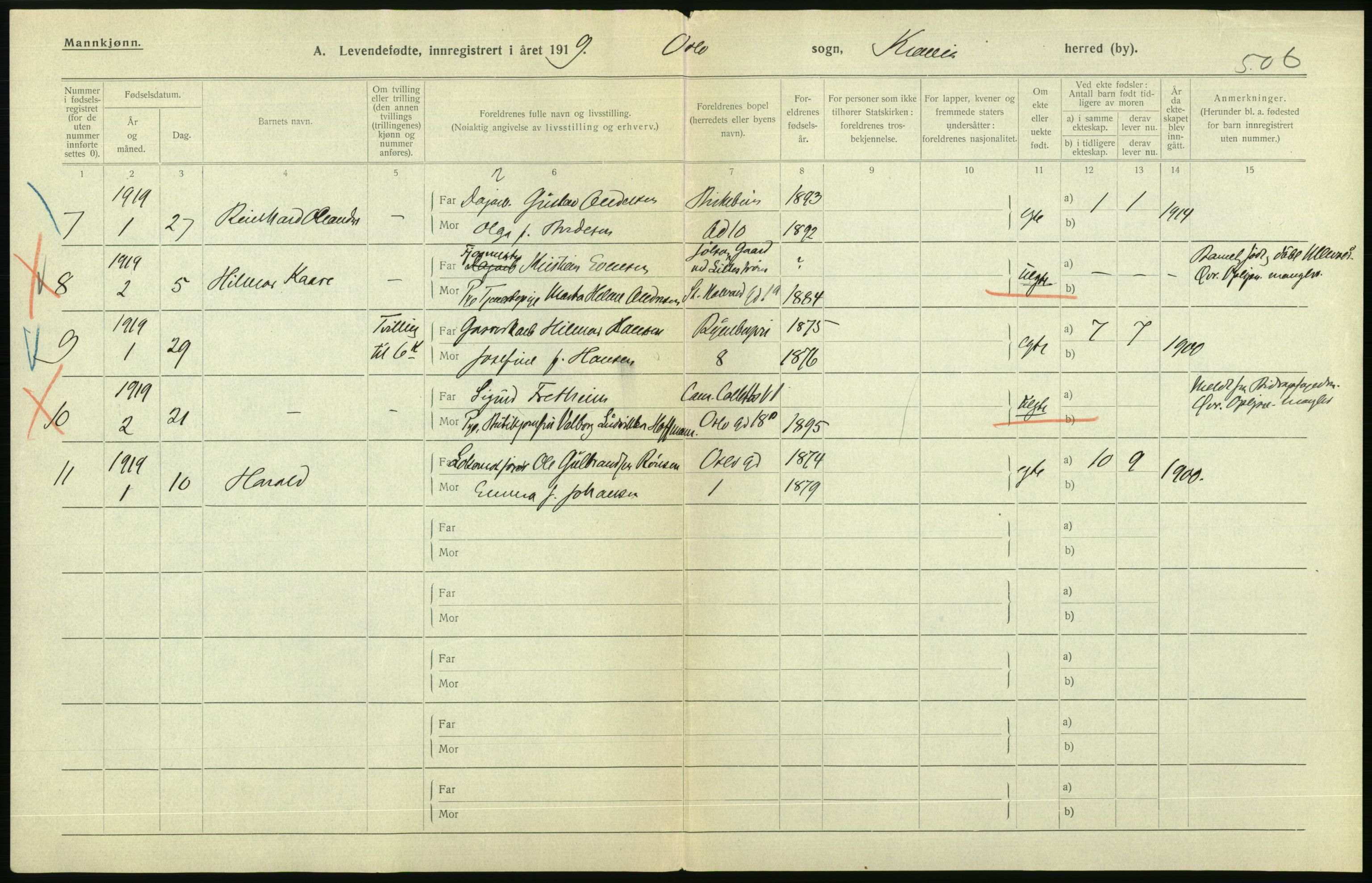 Statistisk sentralbyrå, Sosiodemografiske emner, Befolkning, AV/RA-S-2228/D/Df/Dfb/Dfbi/L0008: Kristiania: Levendefødte menn og kvinner., 1919