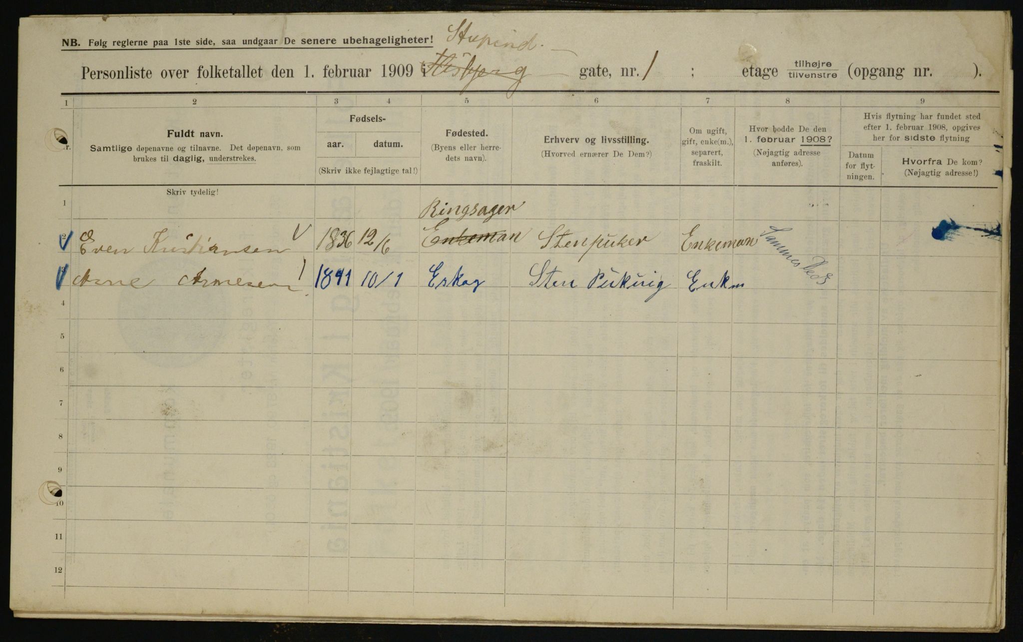 OBA, Municipal Census 1909 for Kristiania, 1909, p. 94559