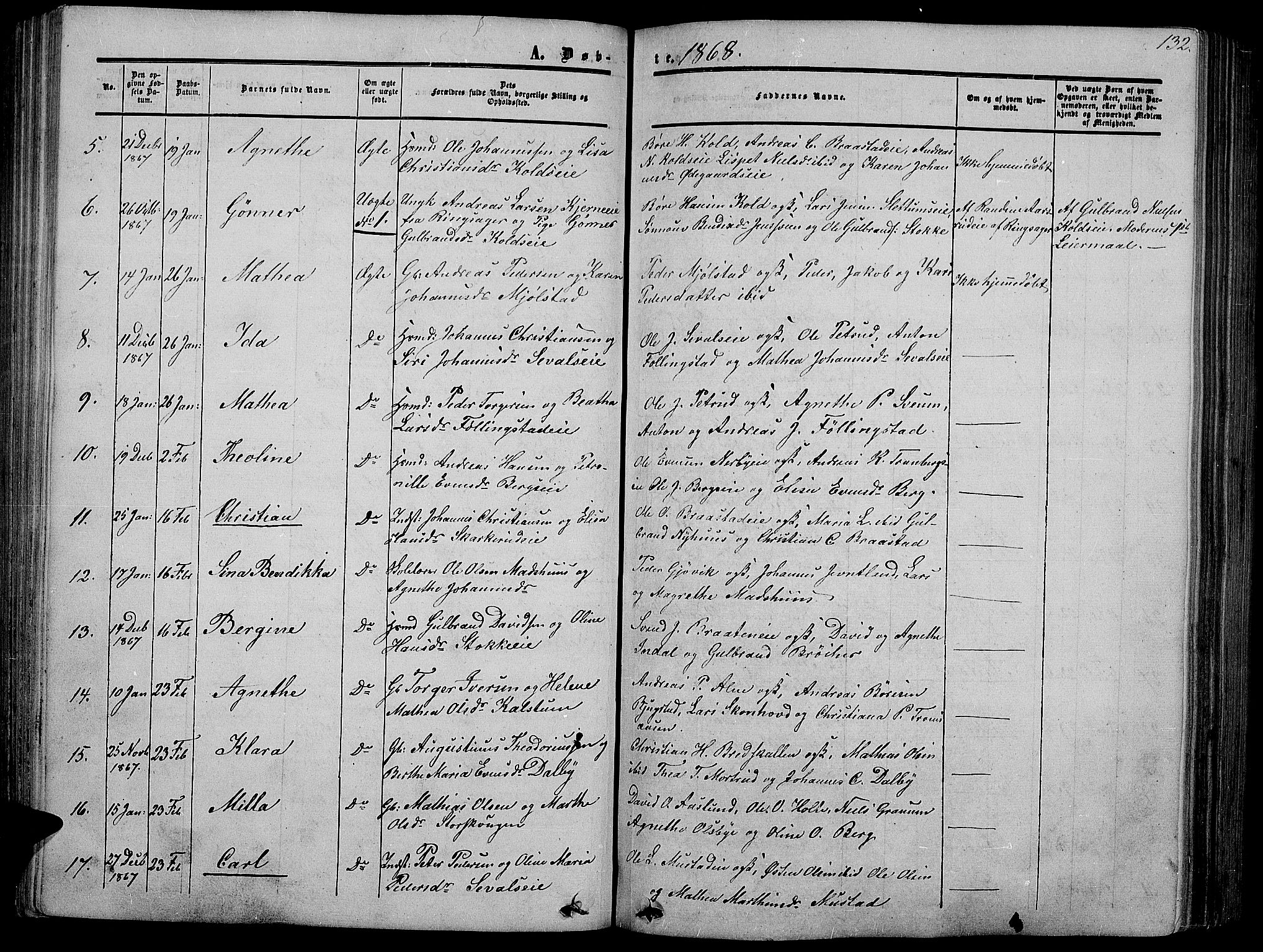 Vardal prestekontor, SAH/PREST-100/H/Ha/Hab/L0005: Parish register (copy) no. 5, 1854-1868, p. 132