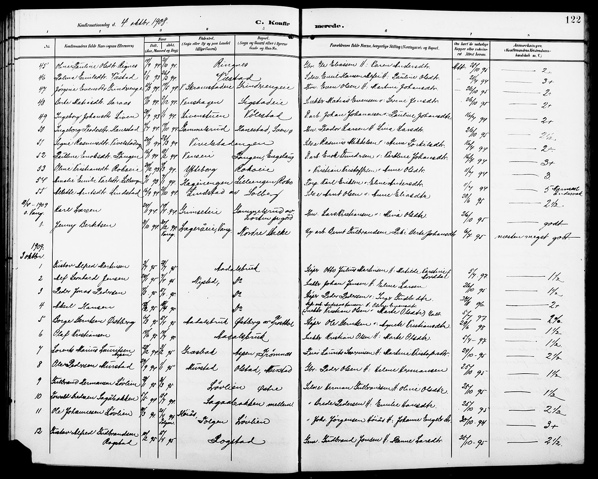Løten prestekontor, SAH/PREST-022/L/La/L0007: Parish register (copy) no. 7, 1910-1919, p. 122
