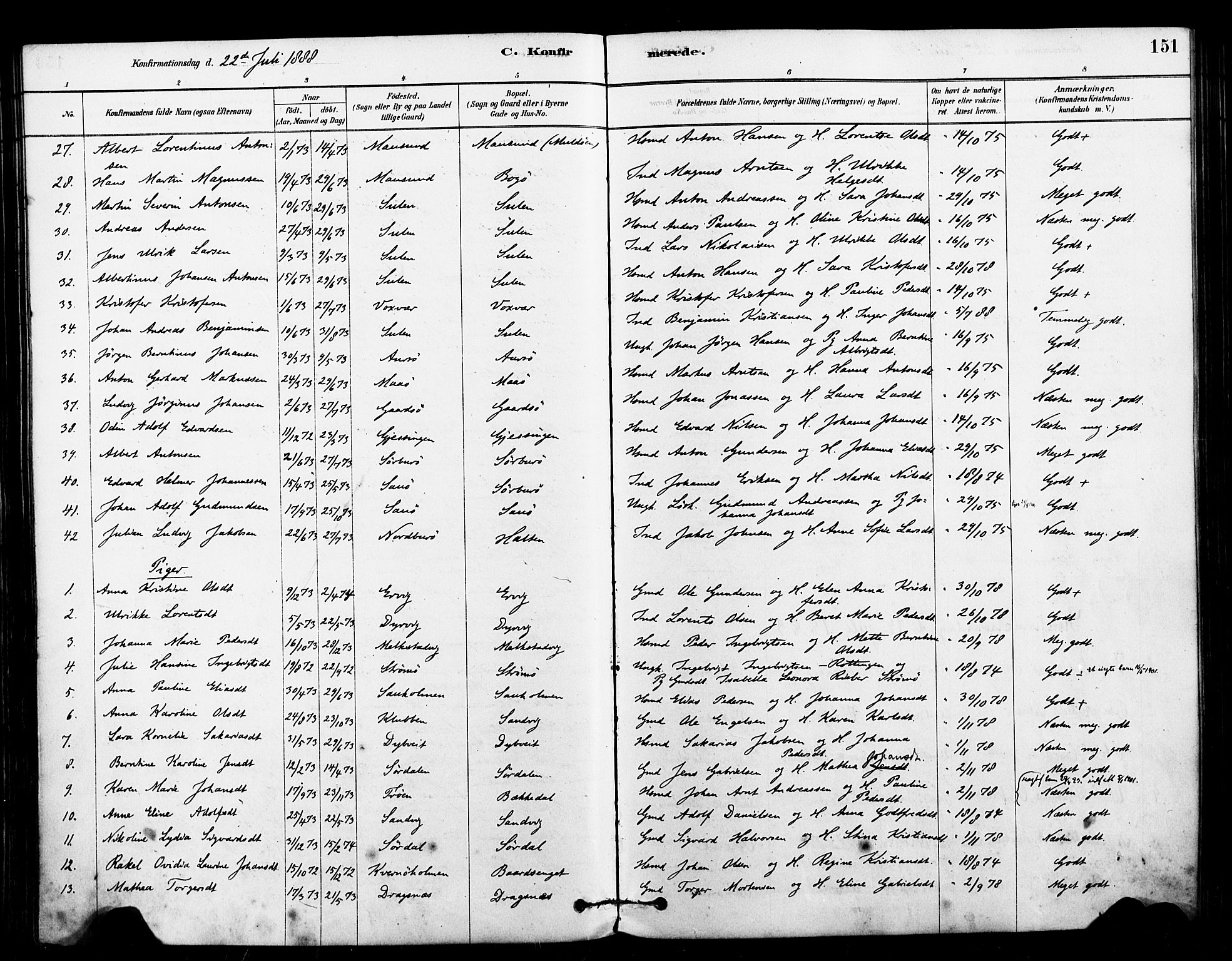 Ministerialprotokoller, klokkerbøker og fødselsregistre - Sør-Trøndelag, SAT/A-1456/640/L0578: Parish register (official) no. 640A03, 1879-1889, p. 151