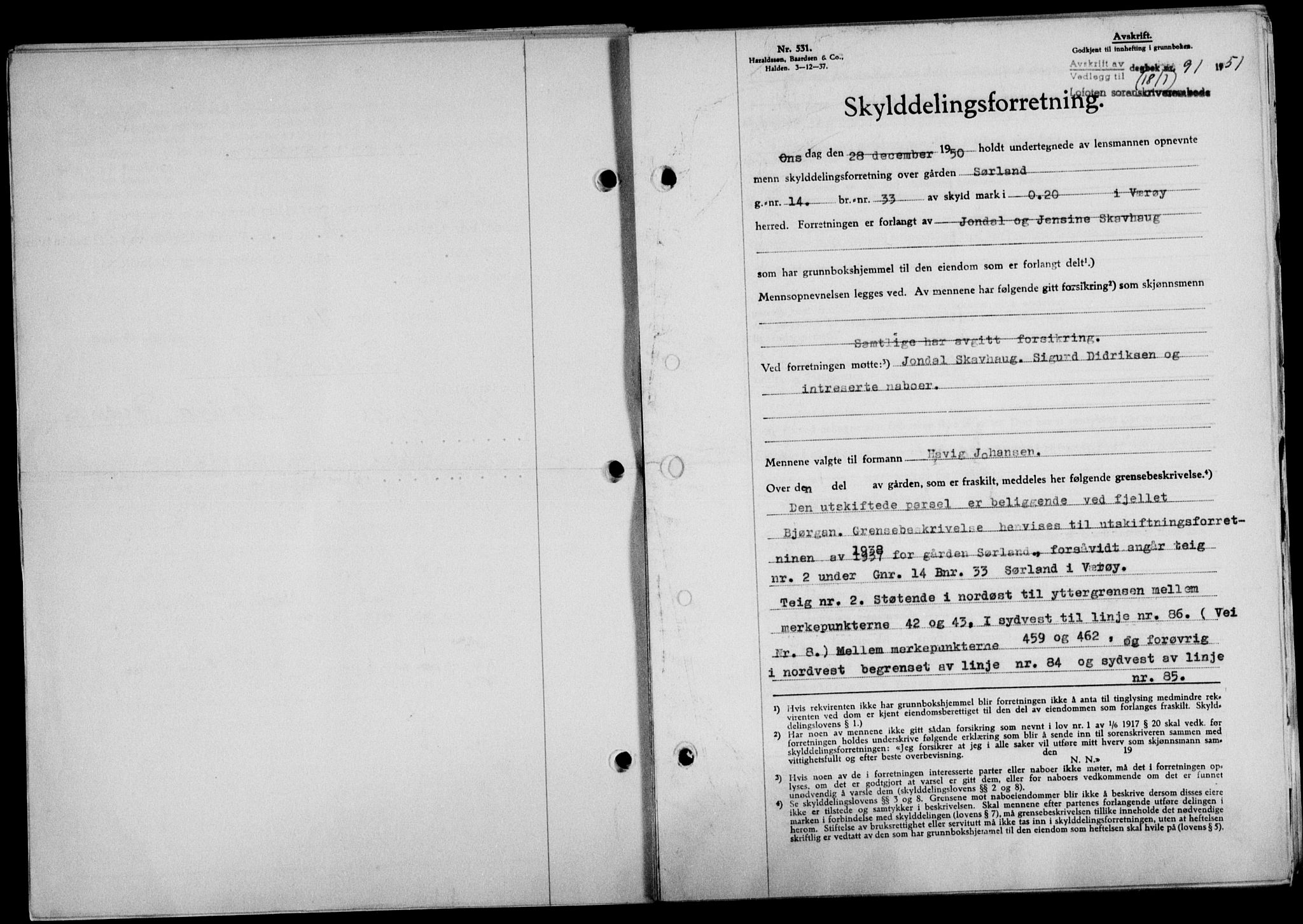 Lofoten sorenskriveri, SAT/A-0017/1/2/2C/L0025a: Mortgage book no. 25a, 1950-1951, Diary no: : 91/1951