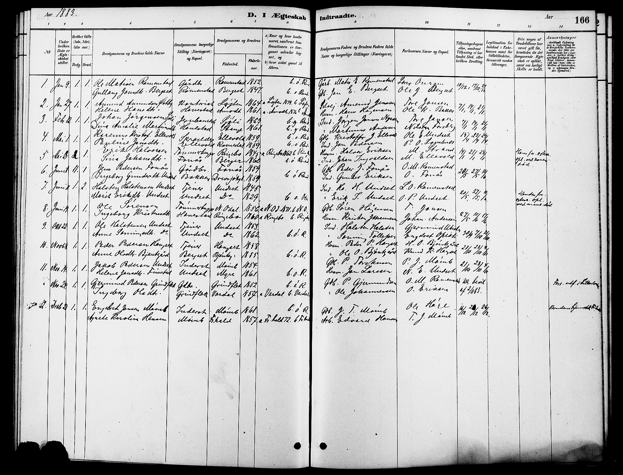 Rendalen prestekontor, SAH/PREST-054/H/Ha/Hab/L0003: Parish register (copy) no. 3, 1879-1904, p. 166