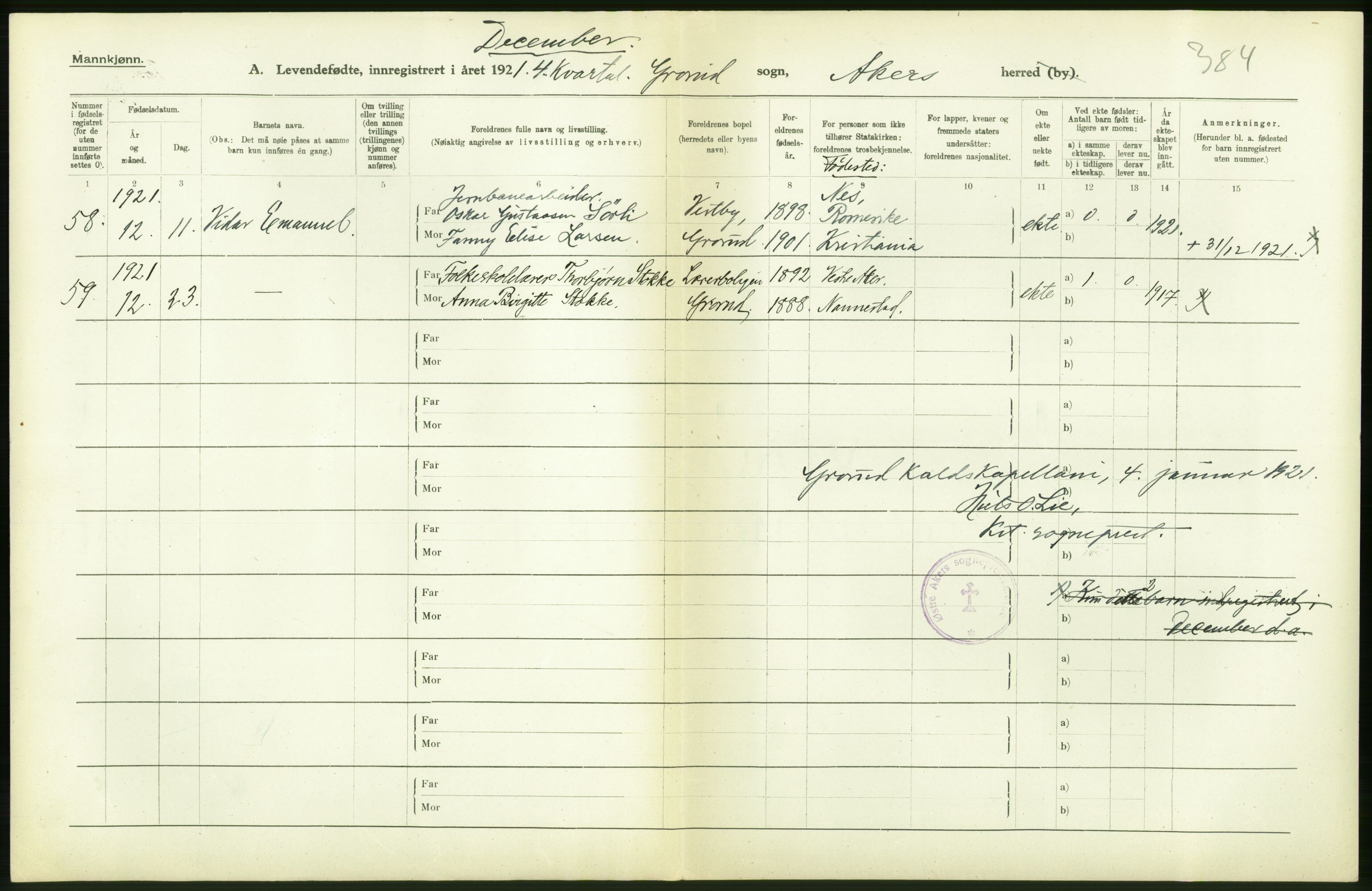 Statistisk sentralbyrå, Sosiodemografiske emner, Befolkning, AV/RA-S-2228/D/Df/Dfc/Dfca/L0004: Akershus fylke: Levendefødte menn og kvinner. Bygder., 1921, p. 90