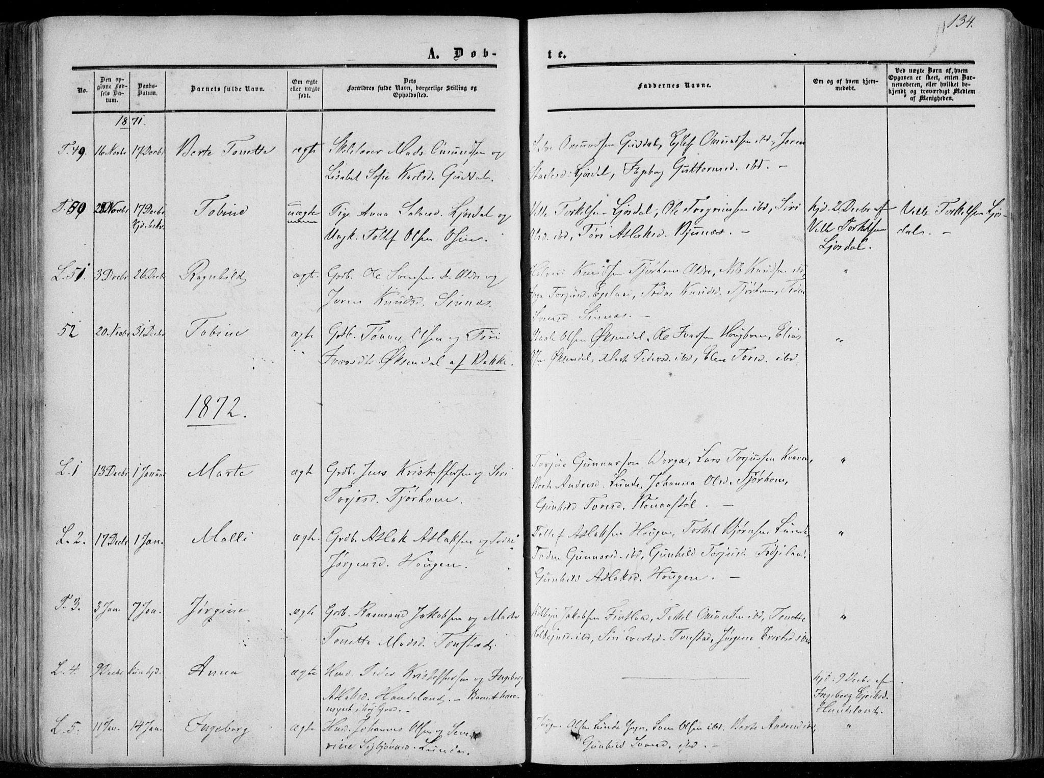 Sirdal sokneprestkontor, SAK/1111-0036/F/Fa/Fab/L0002: Parish register (official) no. A 2, 1855-1874, p. 134