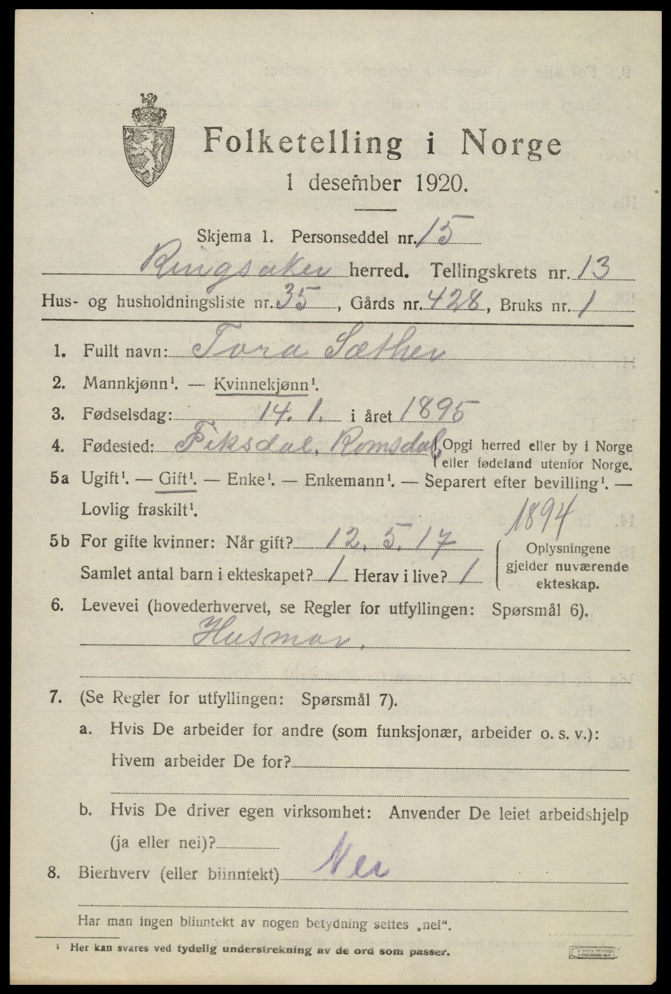 SAH, 1920 census for Ringsaker, 1920, p. 21116