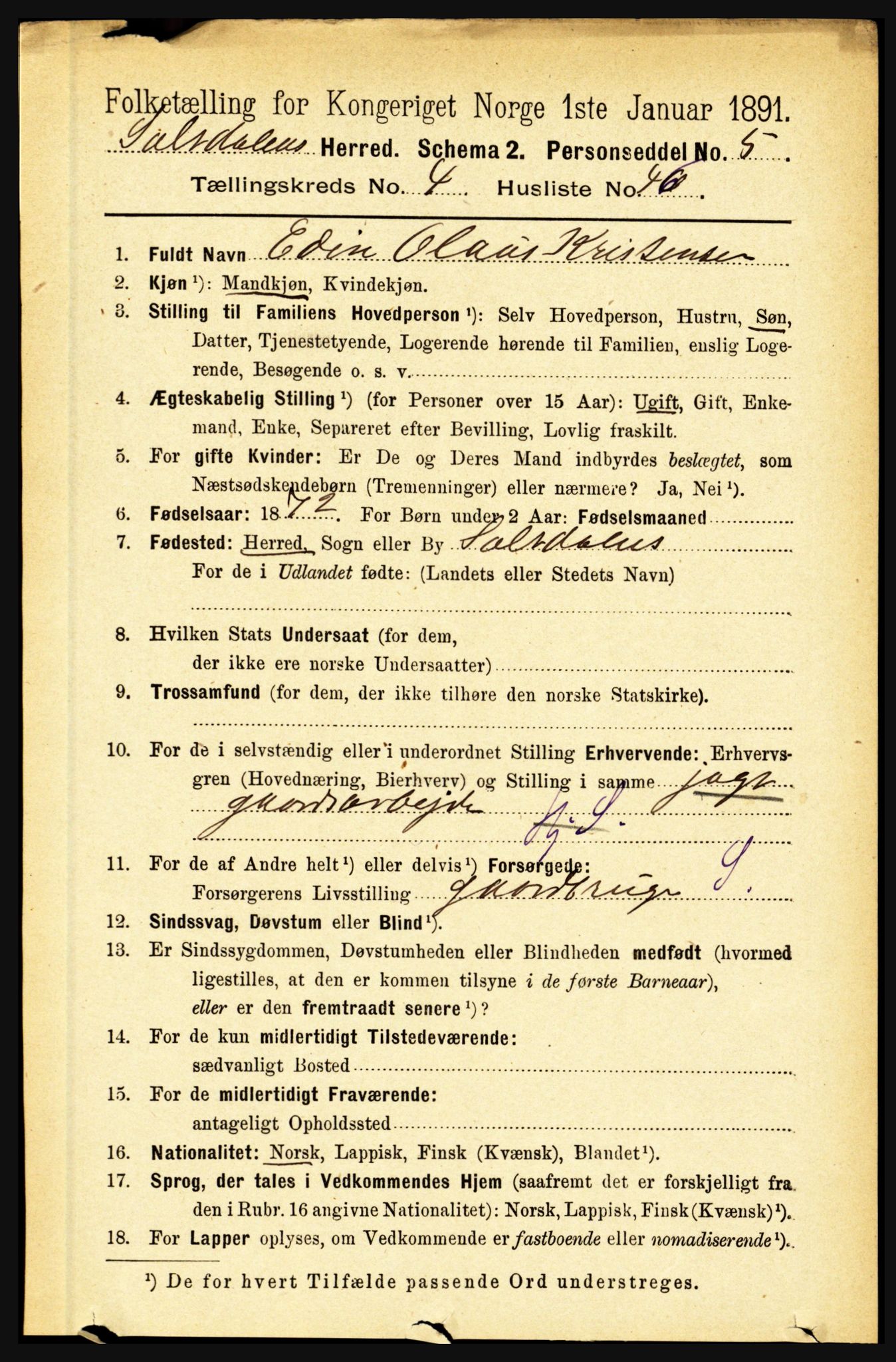 RA, 1891 census for 1840 Saltdal, 1891, p. 2640