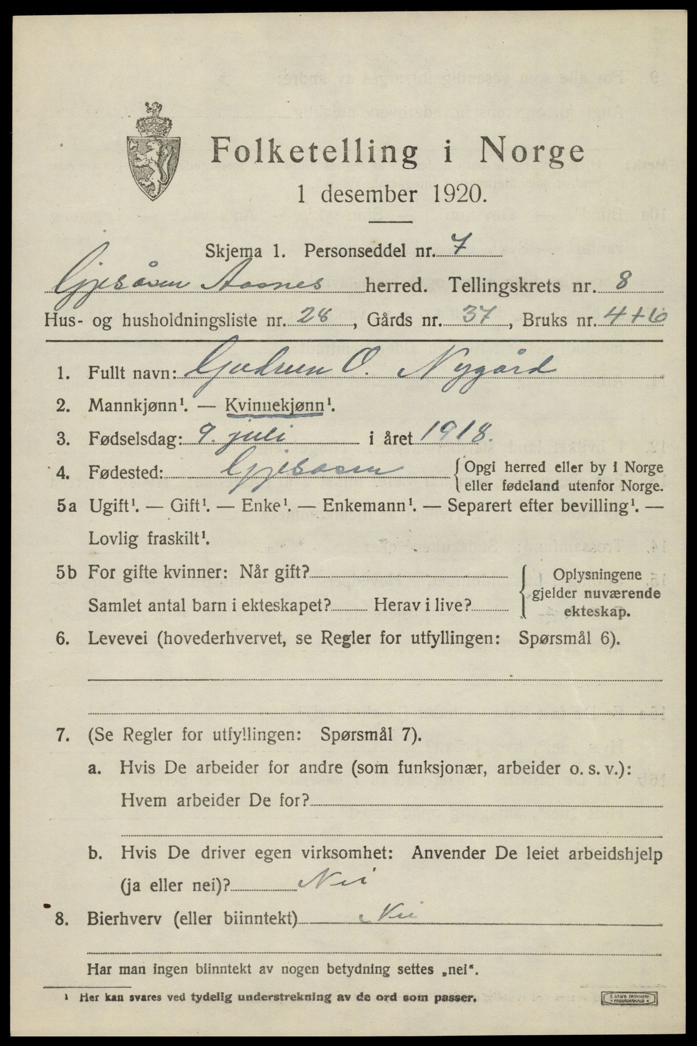 SAH, 1920 census for Åsnes, 1920, p. 9524