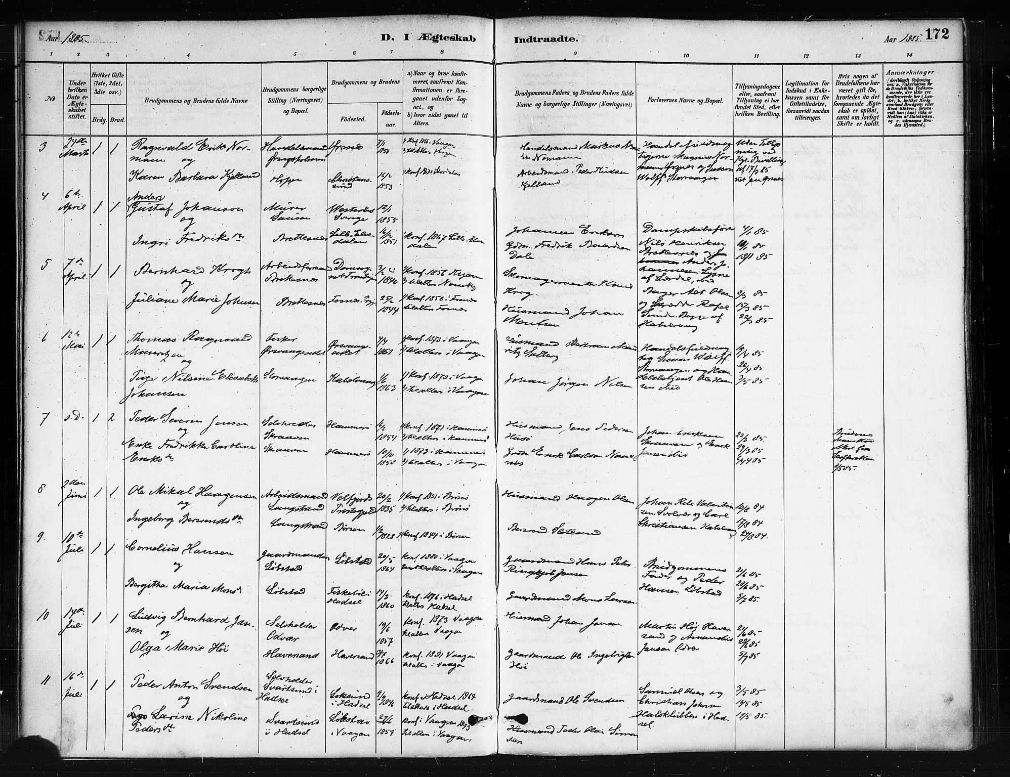 Ministerialprotokoller, klokkerbøker og fødselsregistre - Nordland, AV/SAT-A-1459/874/L1059: Parish register (official) no. 874A03, 1884-1890, p. 172