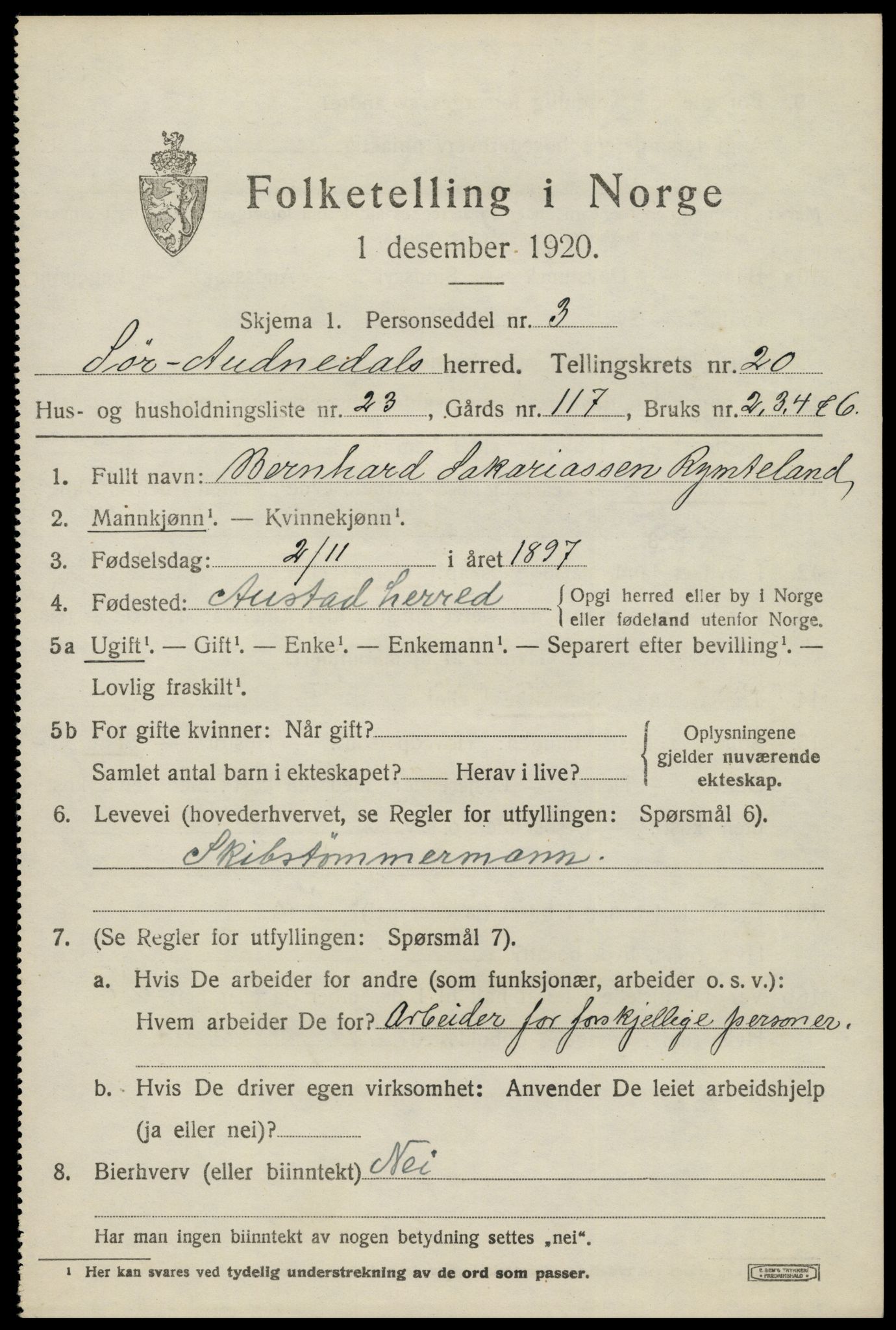 SAK, 1920 census for Sør-Audnedal, 1920, p. 6897
