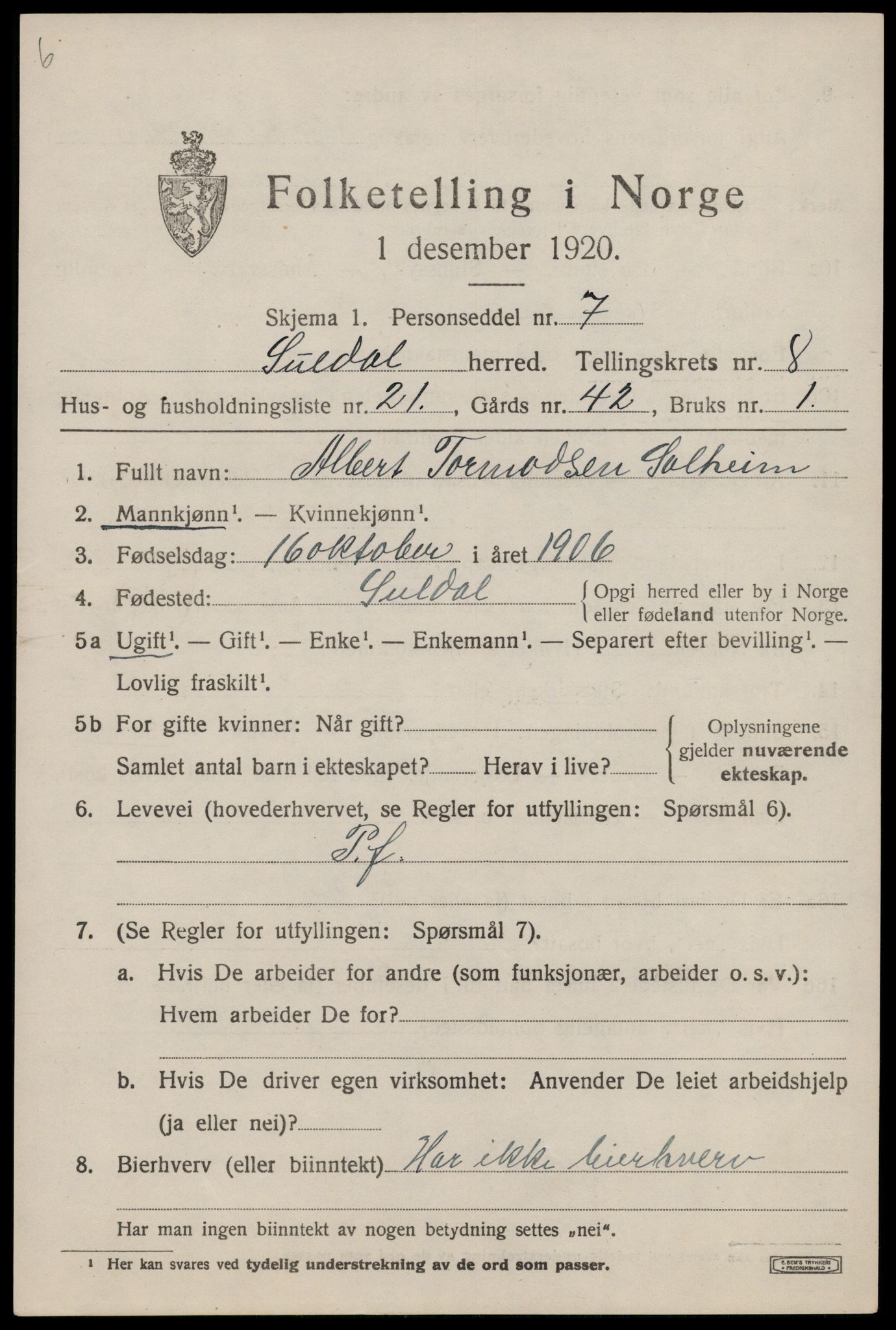 SAST, 1920 census for Suldal, 1920, p. 2140