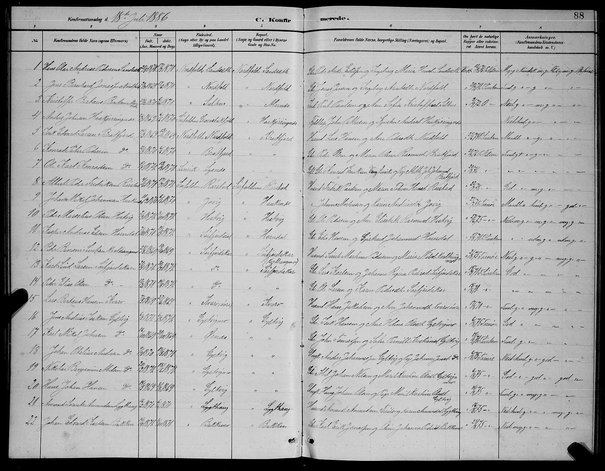 Ministerialprotokoller, klokkerbøker og fødselsregistre - Nordland, AV/SAT-A-1459/854/L0785: Parish register (copy) no. 854C01, 1883-1891, p. 88