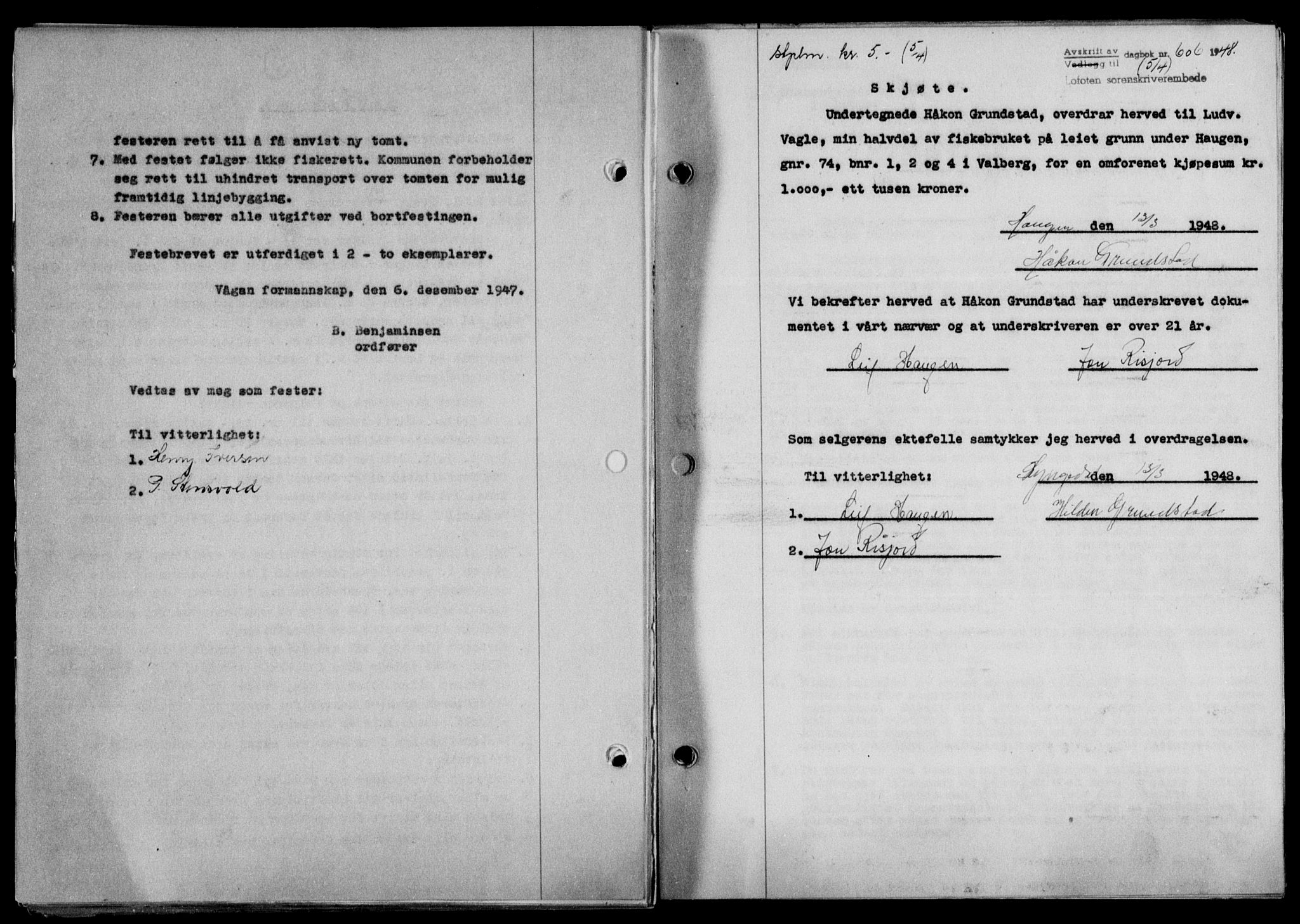 Lofoten sorenskriveri, AV/SAT-A-0017/1/2/2C/L0018a: Mortgage book no. 18a, 1948-1948, Diary no: : 606/1948