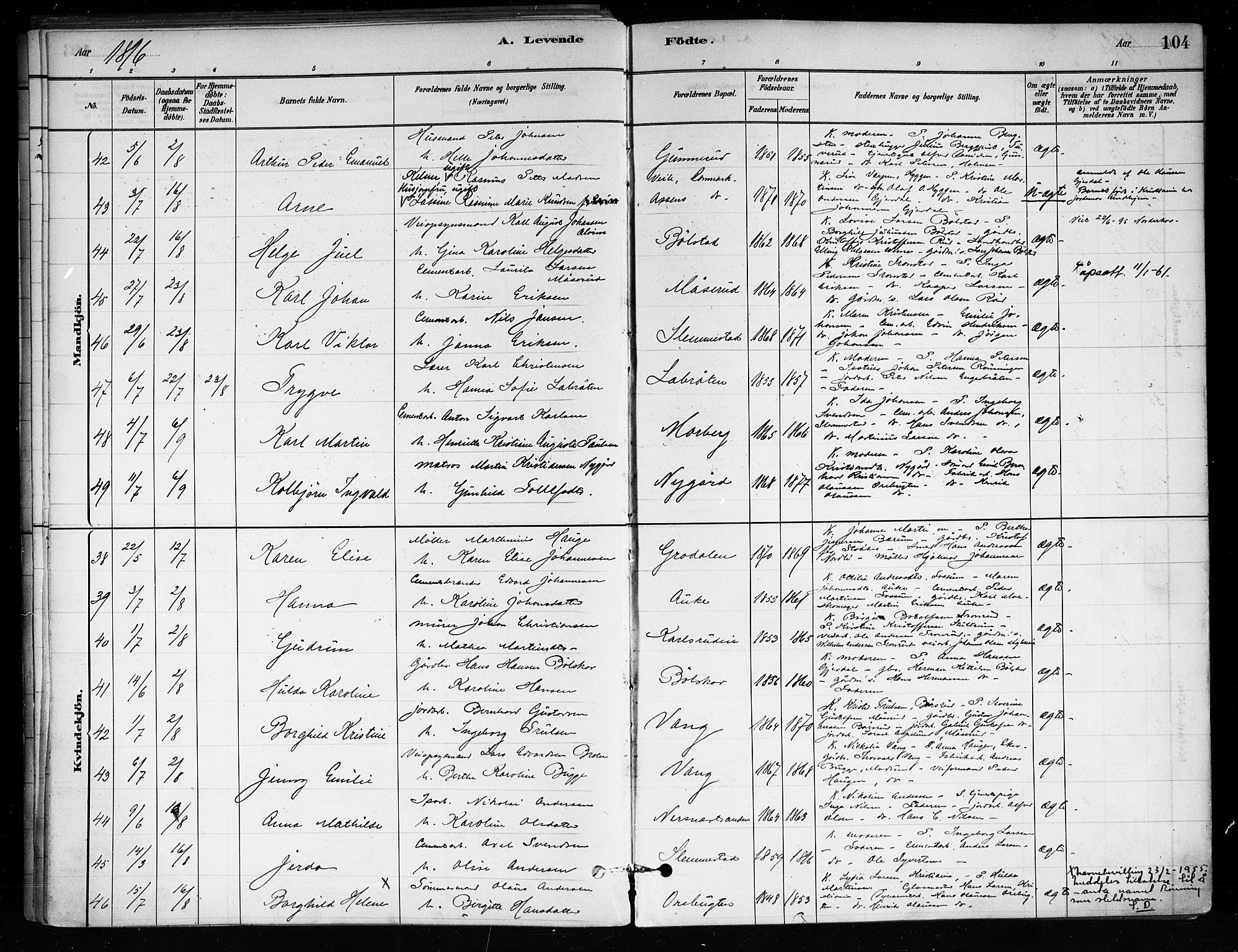 Røyken kirkebøker, SAKO/A-241/F/Fa/L0008: Parish register (official) no. 8, 1880-1897, p. 104