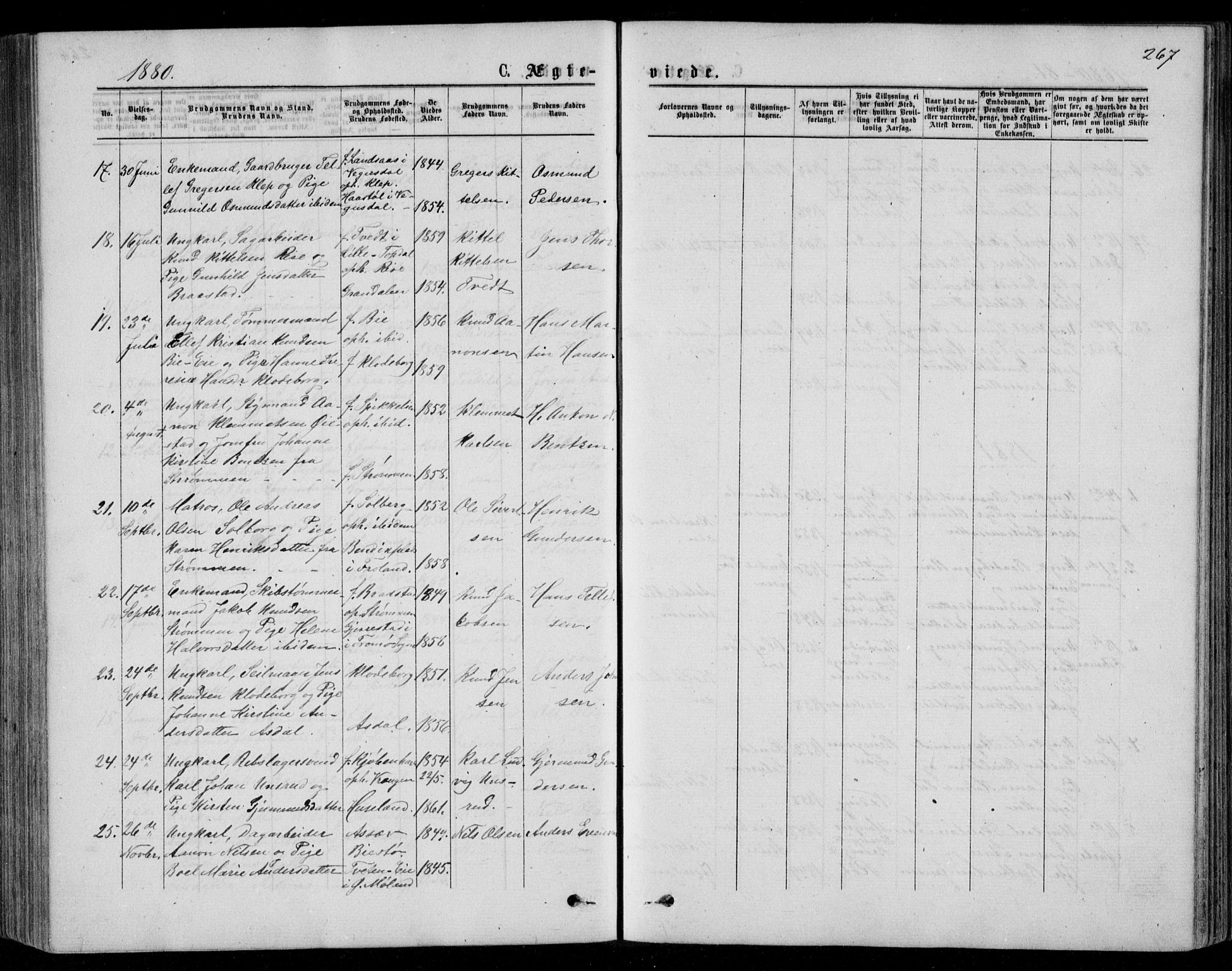 Øyestad sokneprestkontor, AV/SAK-1111-0049/F/Fb/L0008: Parish register (copy) no. B 8, 1872-1886, p. 267