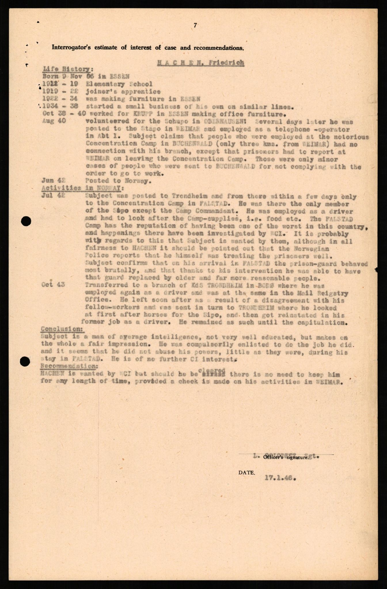 Forsvaret, Forsvarets overkommando II, RA/RAFA-3915/D/Db/L0011: CI Questionaires. Tyske okkupasjonsstyrker i Norge. Tyskere., 1945-1946, p. 148
