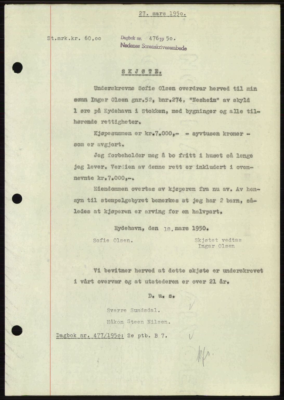 Nedenes sorenskriveri, AV/SAK-1221-0006/G/Gb/Gba/L0062: Mortgage book no. A14, 1949-1950, Diary no: : 476/1950