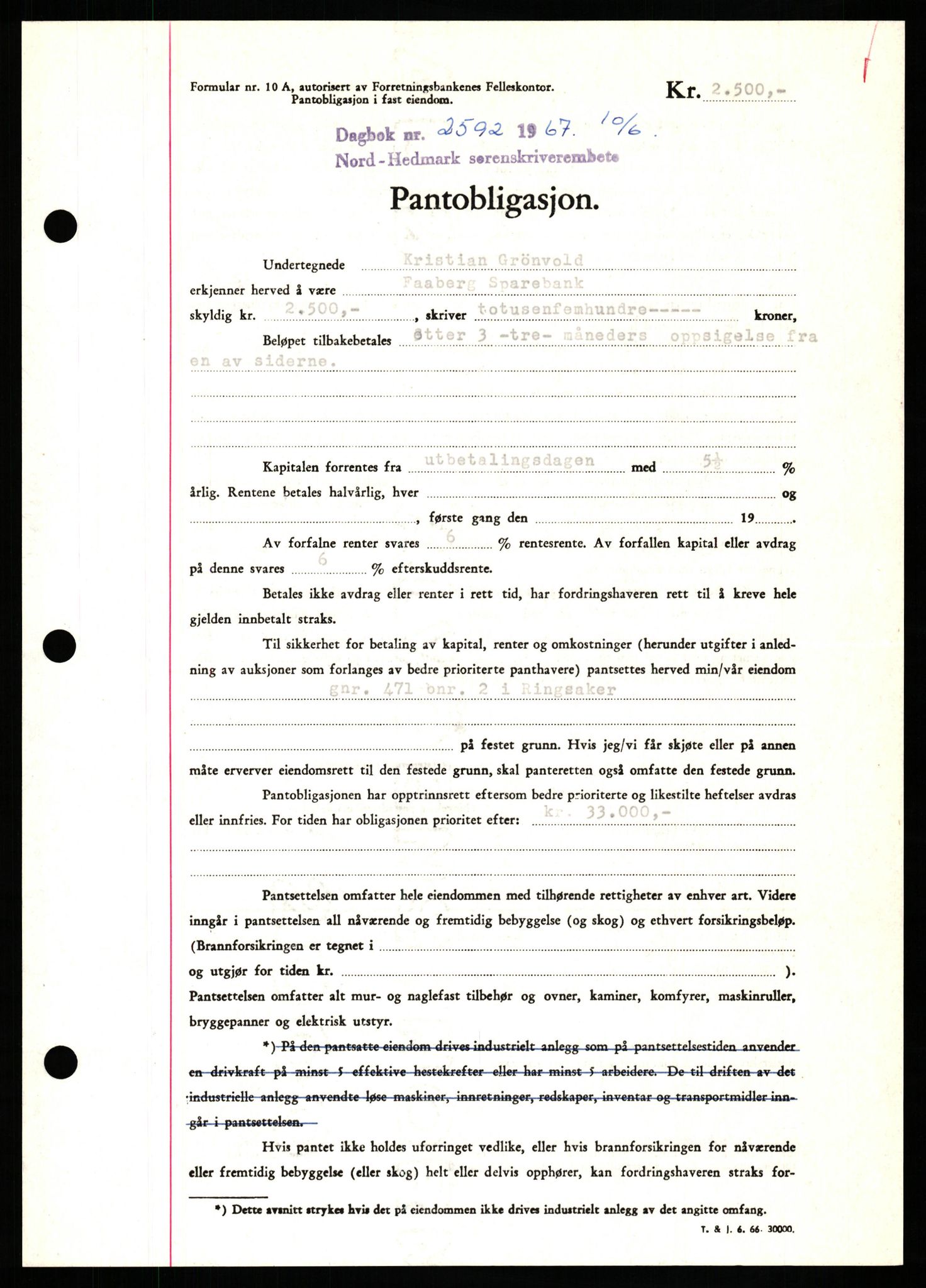 Nord-Hedmark sorenskriveri, SAH/TING-012/H/Hb/Hbf/L0071: Mortgage book no. B71, 1967-1967, Diary no: : 2592/1967