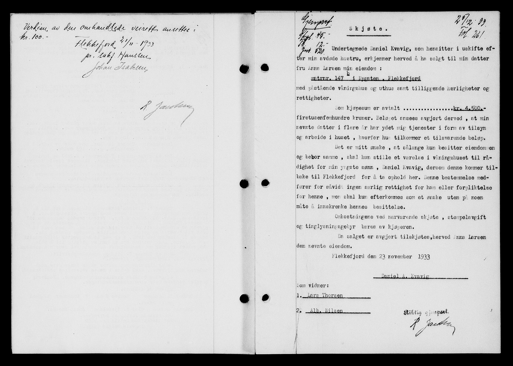 Flekkefjord sorenskriveri, SAK/1221-0001/G/Gb/Gba/L0049: Mortgage book no. 46, 1933-1934, Deed date: 05.12.1933