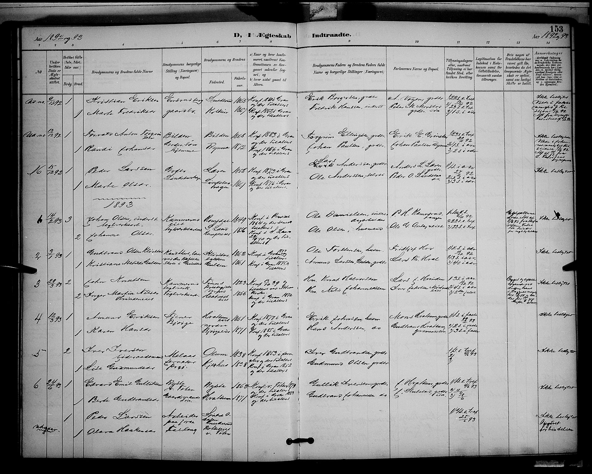 Gran prestekontor, SAH/PREST-112/H/Ha/Hab/L0005: Parish register (copy) no. 5, 1892-1900, p. 153