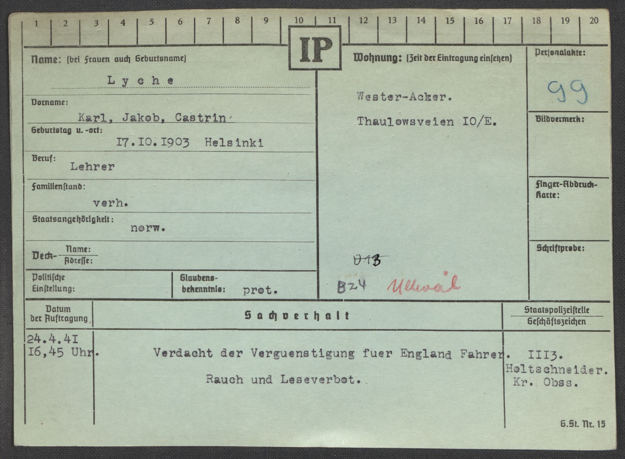 Befehlshaber der Sicherheitspolizei und des SD, AV/RA-RAFA-5969/E/Ea/Eaa/L0007: Register over norske fanger i Møllergata 19: Lundb-N, 1940-1945, p. 74