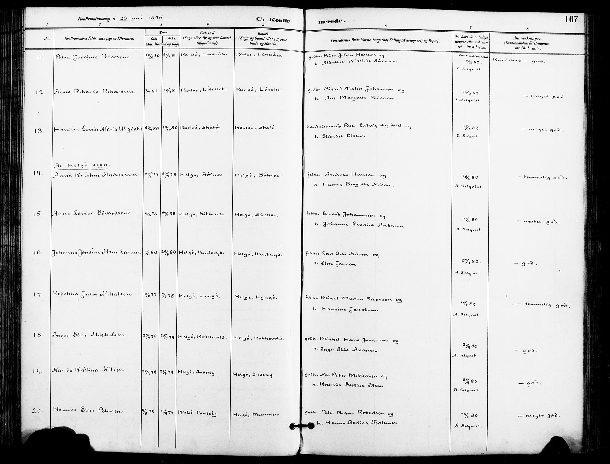 Karlsøy sokneprestembete, AV/SATØ-S-1299/H/Ha/Haa/L0007kirke: Parish register (official) no. 7, 1891-1902, p. 167