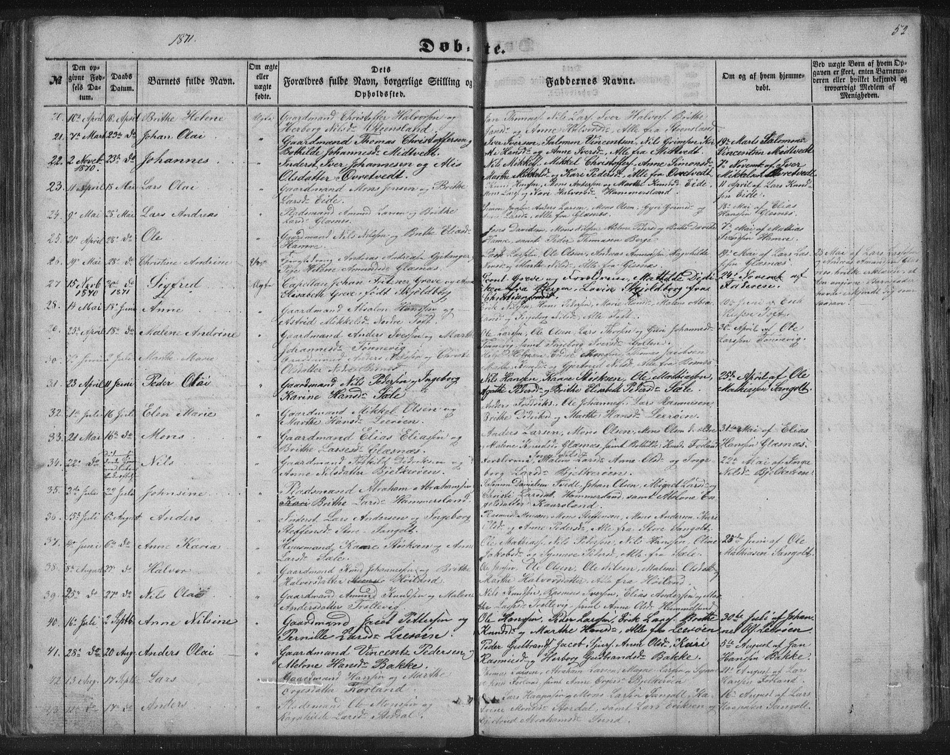 Sund sokneprestembete, AV/SAB-A-99930: Parish register (copy) no. B 1, 1852-1873, p. 52