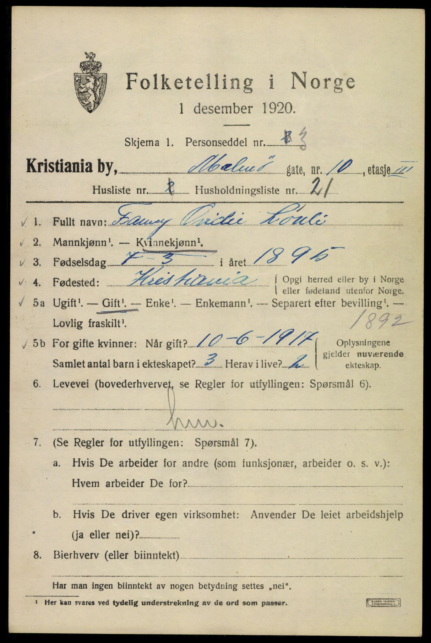 SAO, 1920 census for Kristiania, 1920, p. 373575