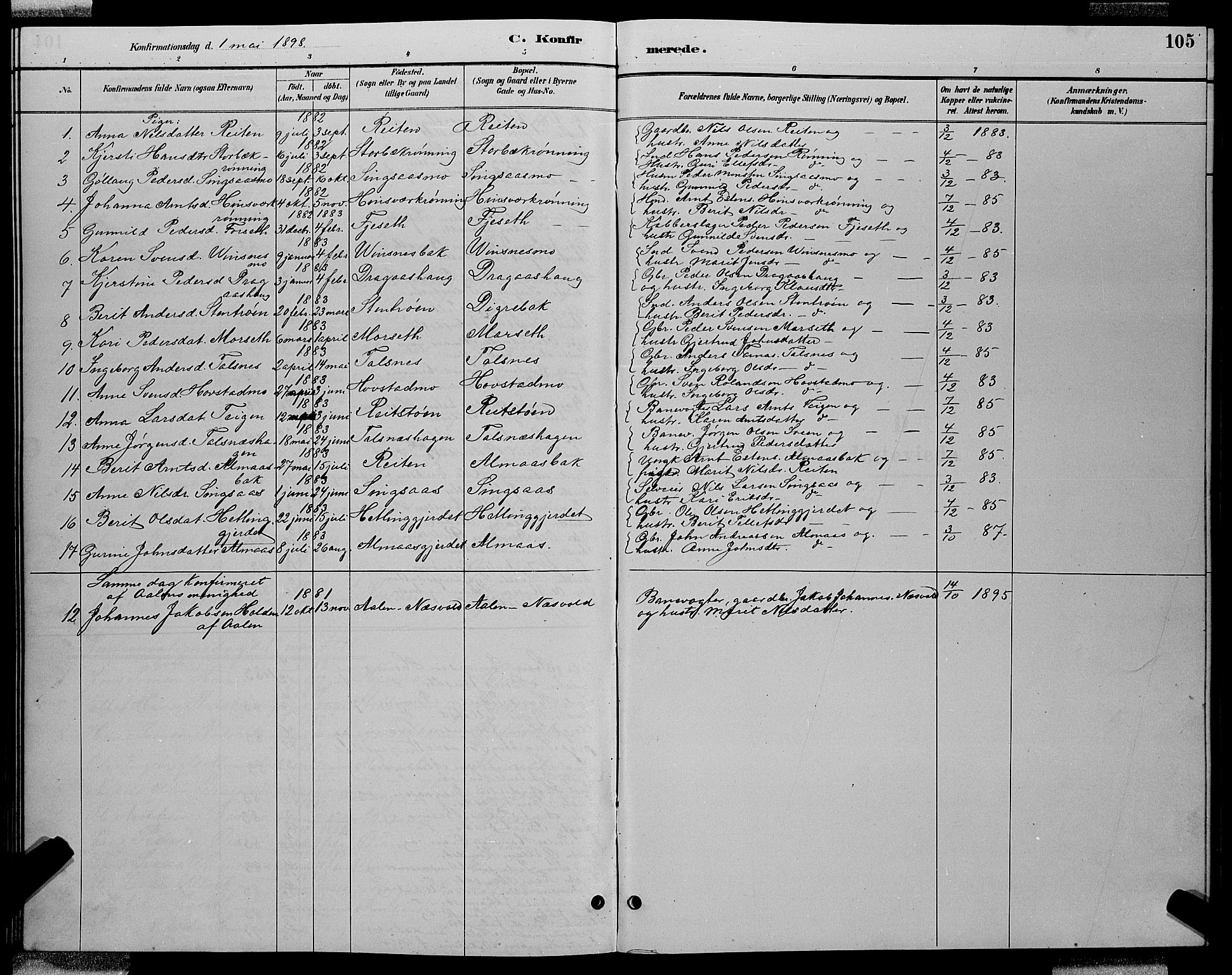 Ministerialprotokoller, klokkerbøker og fødselsregistre - Sør-Trøndelag, SAT/A-1456/688/L1028: Parish register (copy) no. 688C03, 1889-1899, p. 105