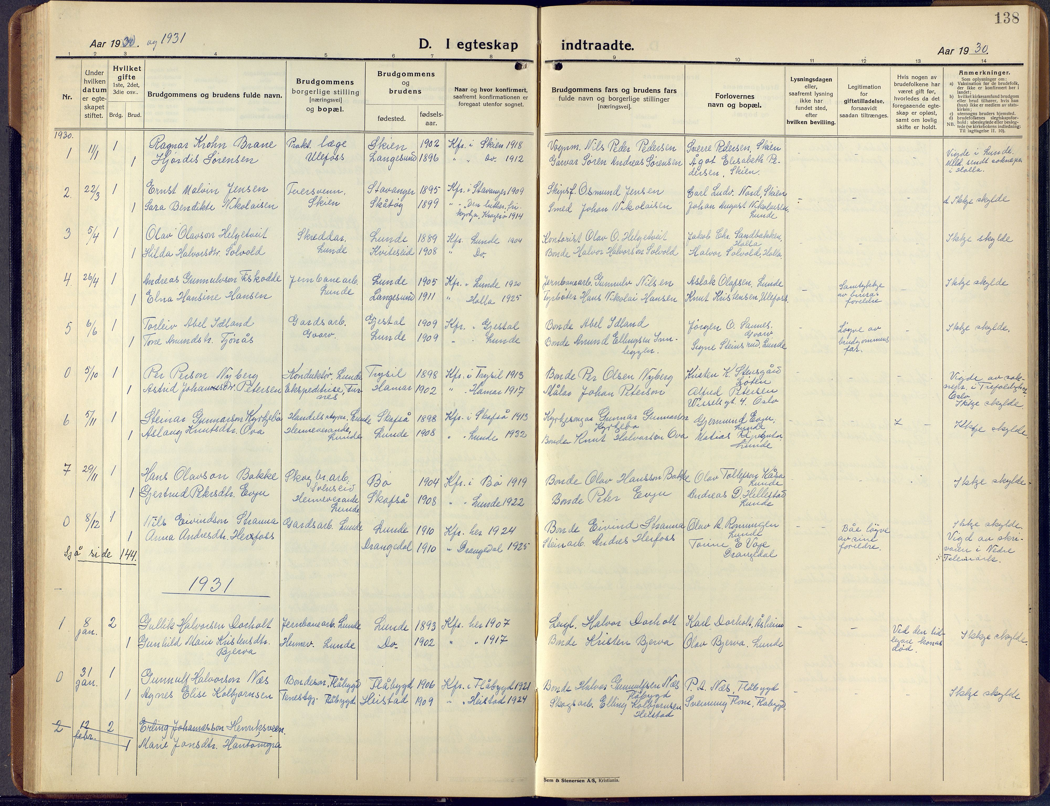 Lunde kirkebøker, SAKO/A-282/F/Fa/L0006: Parish register (official) no. I 6, 1922-1940, p. 138