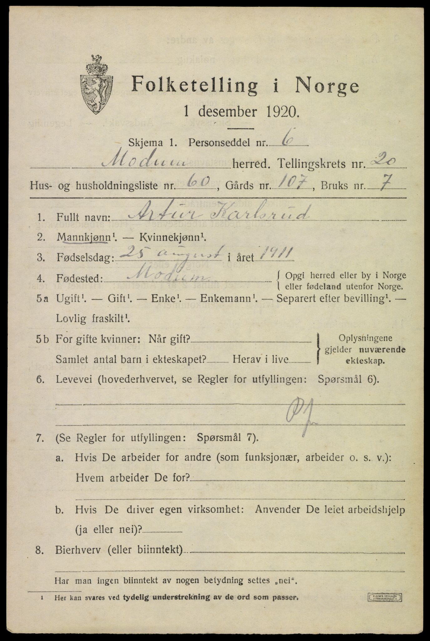 SAKO, 1920 census for Modum, 1920, p. 22641