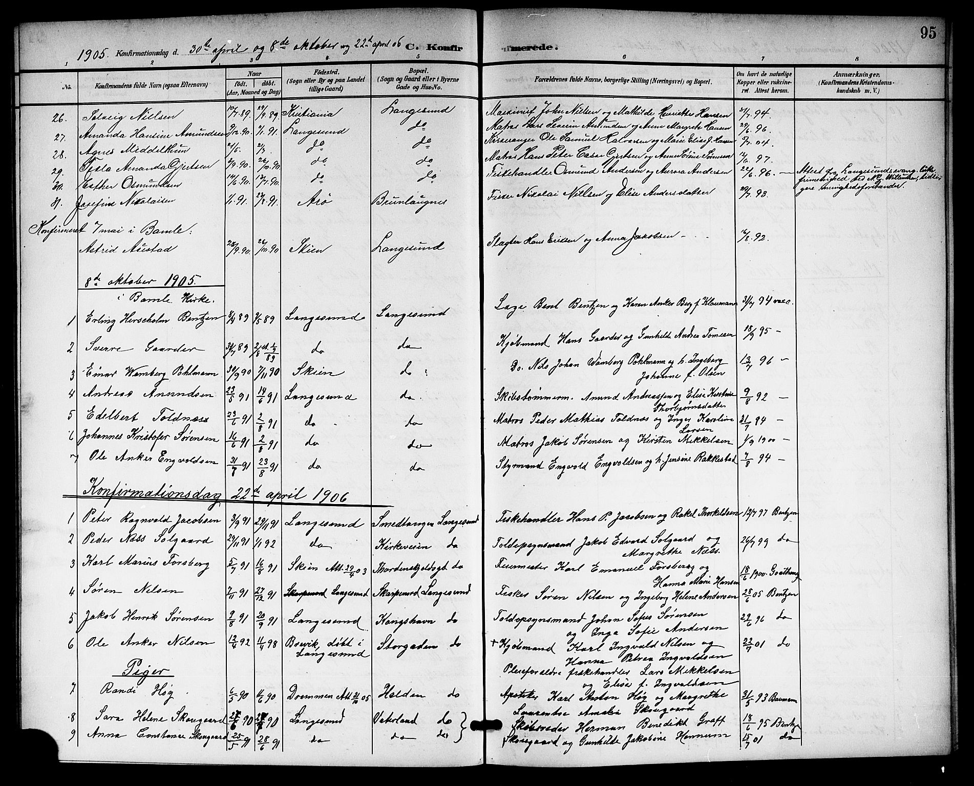 Langesund kirkebøker, SAKO/A-280/G/Ga/L0006: Parish register (copy) no. 6, 1899-1918, p. 95