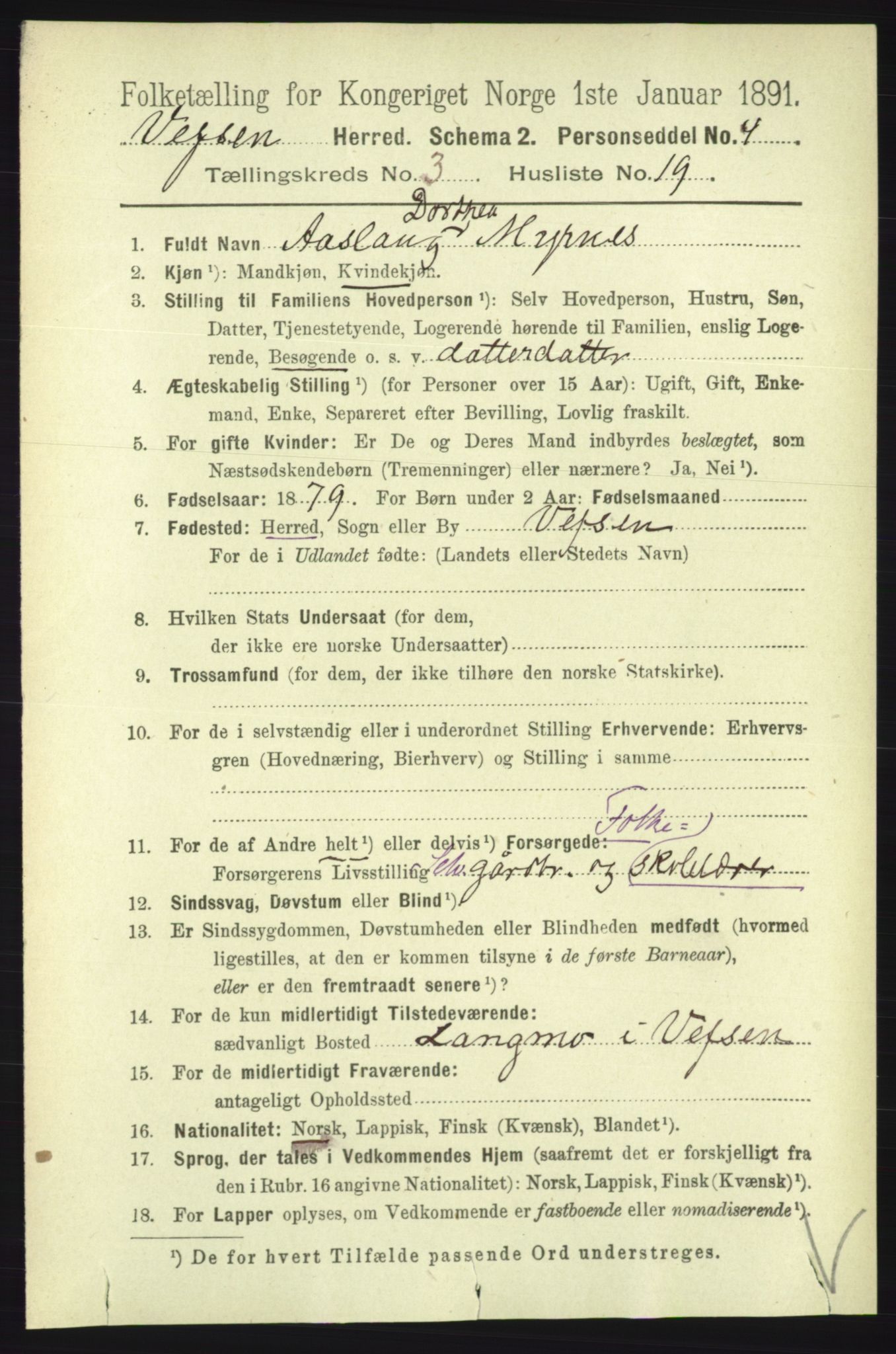 RA, 1891 census for 1824 Vefsn, 1891, p. 1412