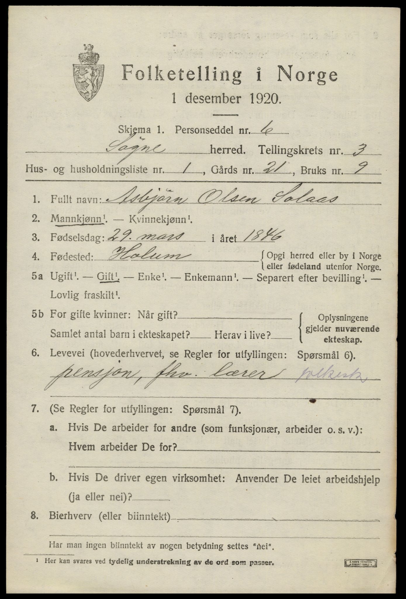 SAK, 1920 census for Søgne, 1920, p. 1651