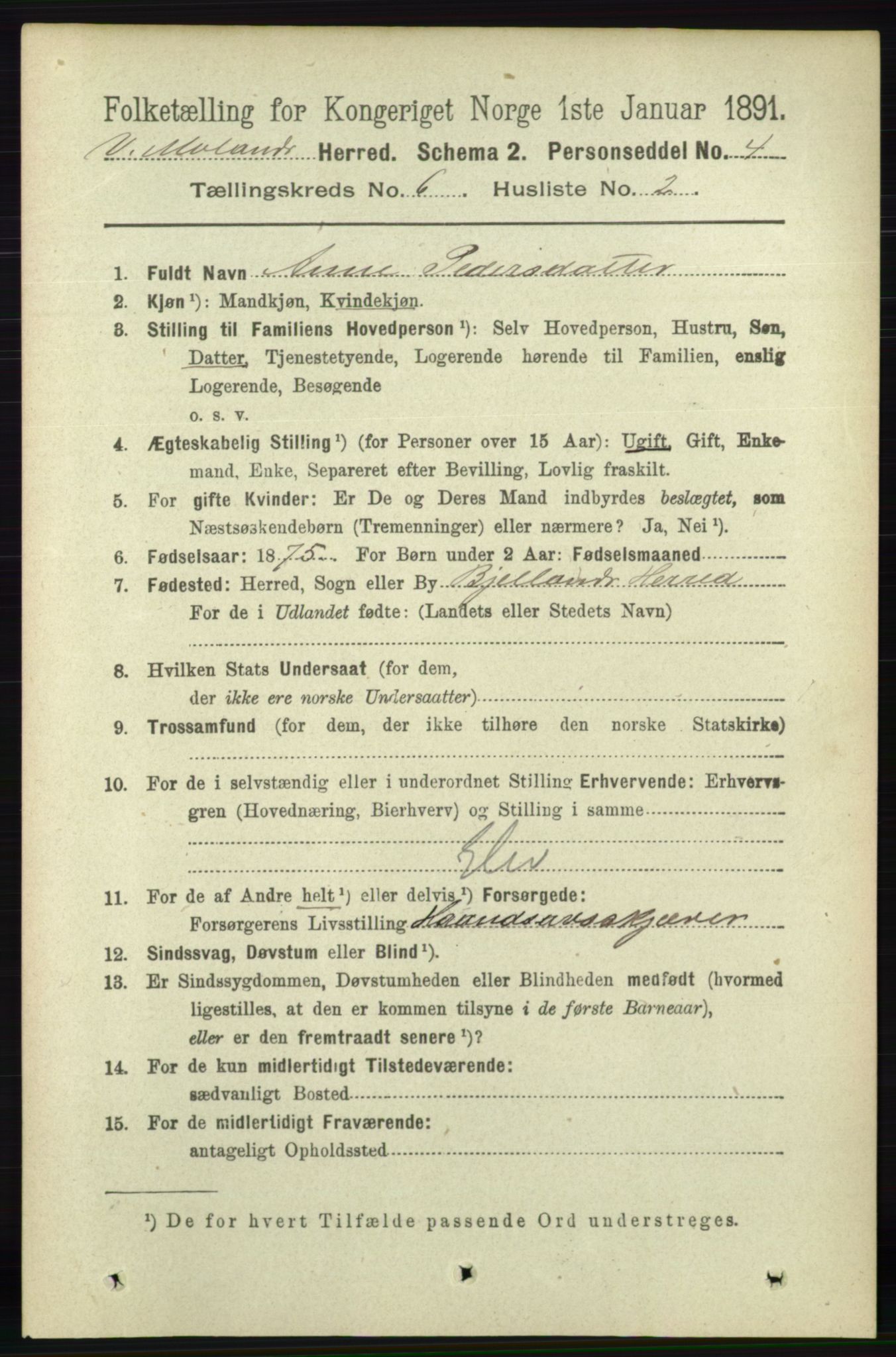 RA, 1891 census for 0926 Vestre Moland, 1891, p. 2356