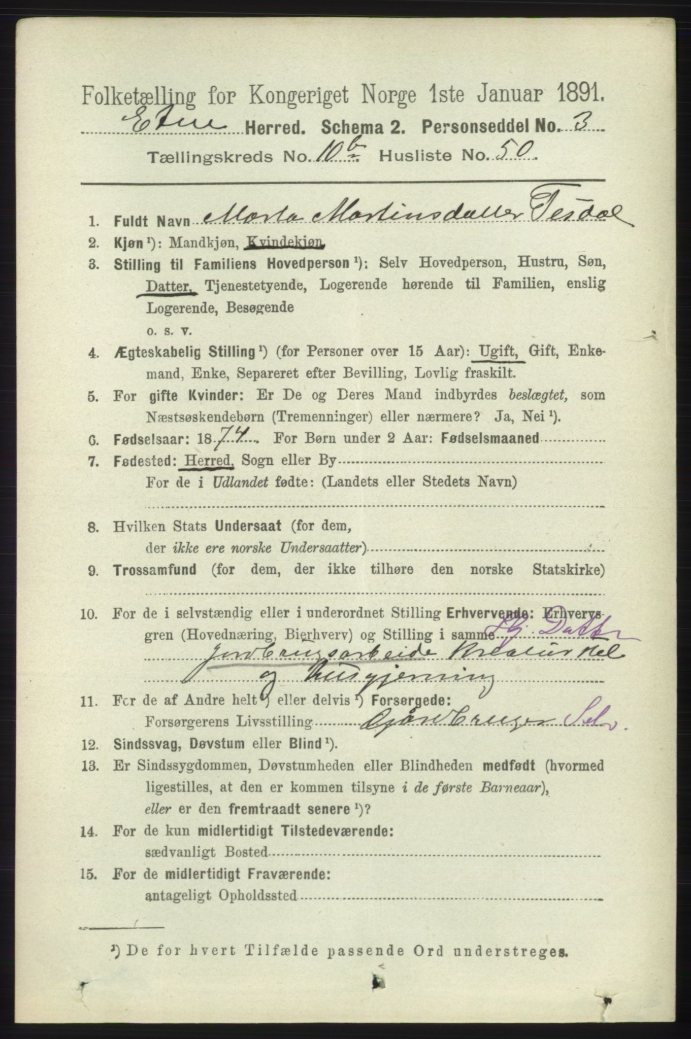 RA, 1891 census for 1211 Etne, 1891, p. 2201
