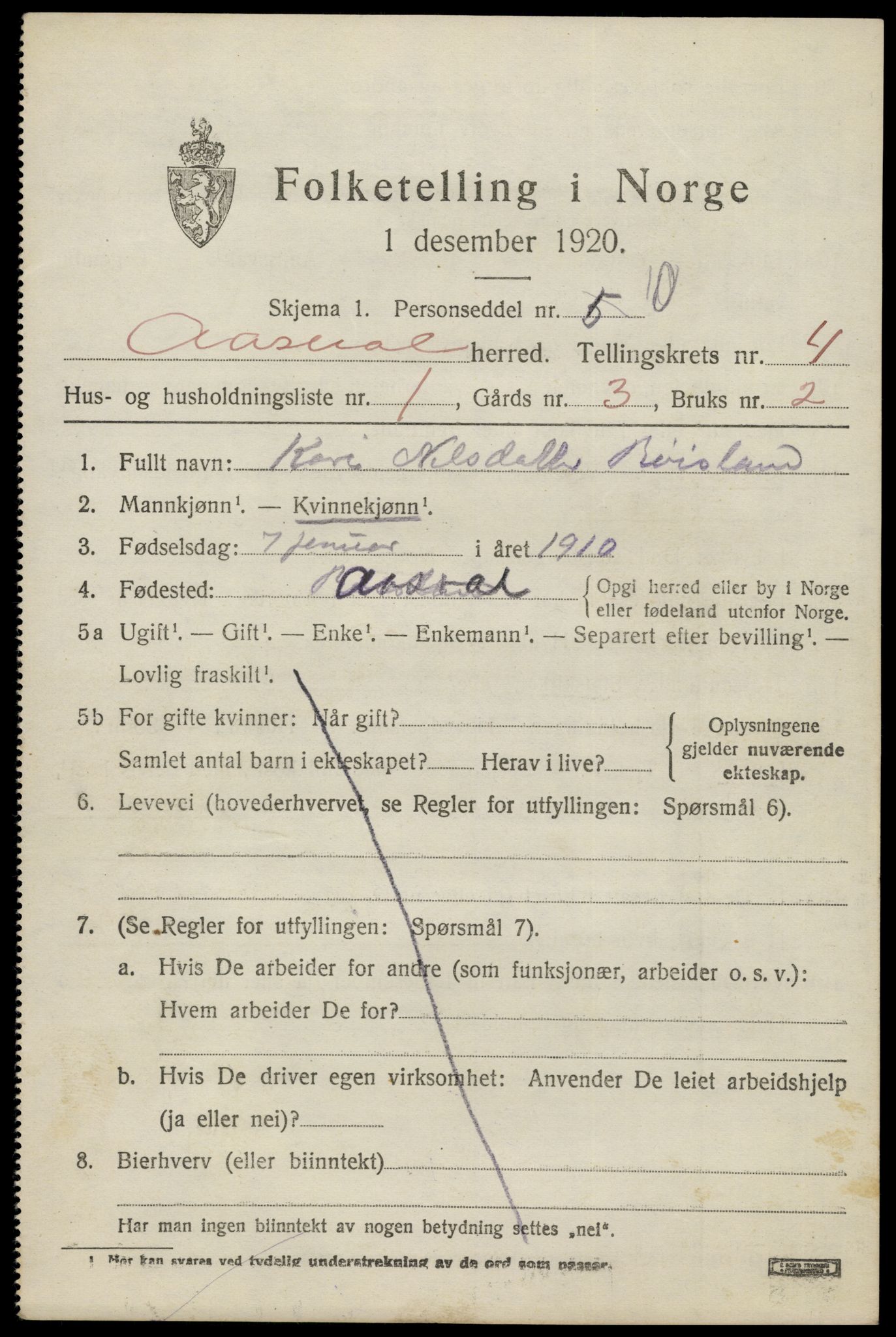 SAK, 1920 census for Åseral, 1920, p. 1204