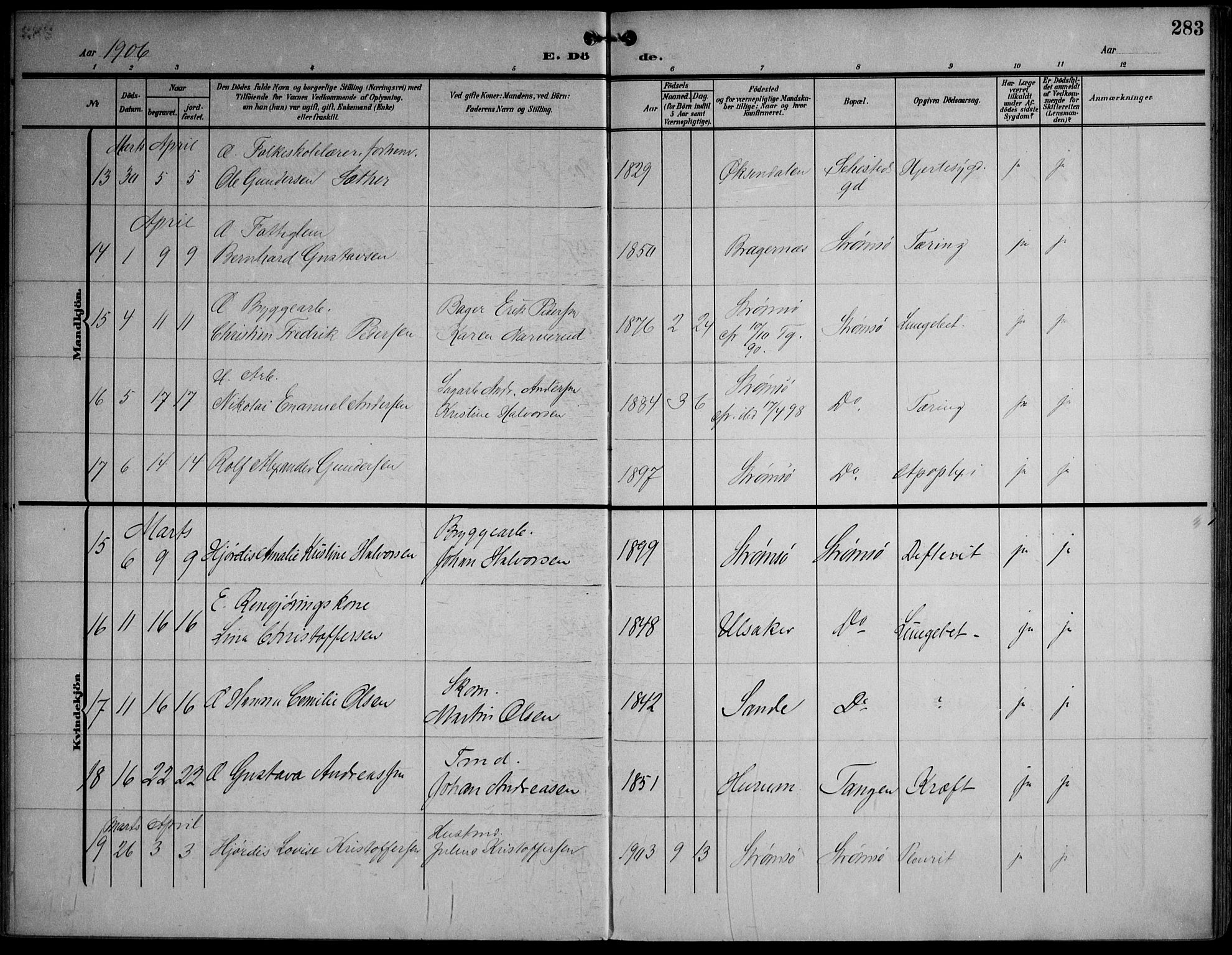 Strømsø kirkebøker, AV/SAKO-A-246/F/Fa/L0026: Parish register (official) no. I 26, 1905-1914, p. 283