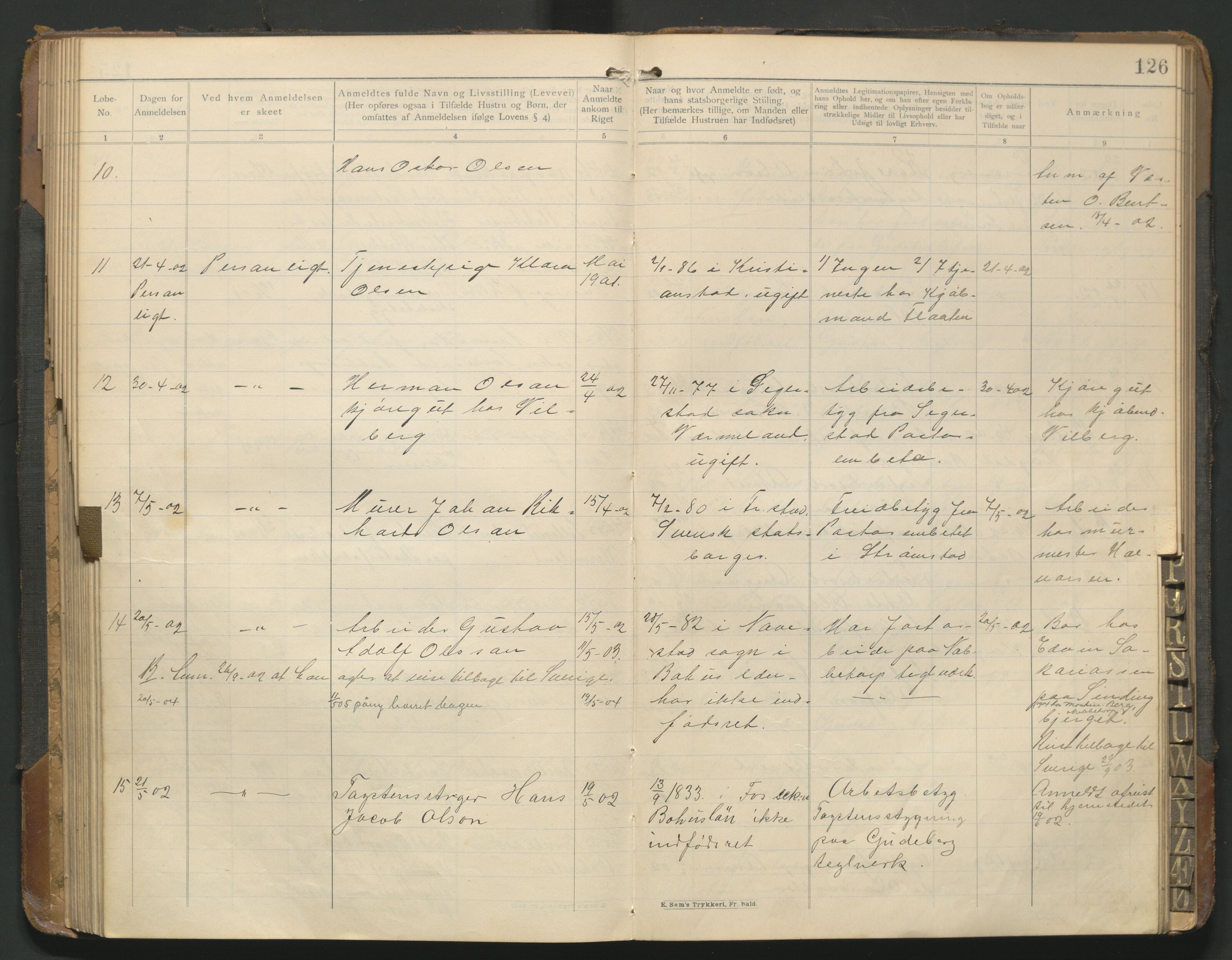 Fredrikstad politikammer, AV/SAO-A-10055/H/Hb/Hba/L0001: Protokoll over fremmede statsborgere, 1901-1916, p. 125b-126a