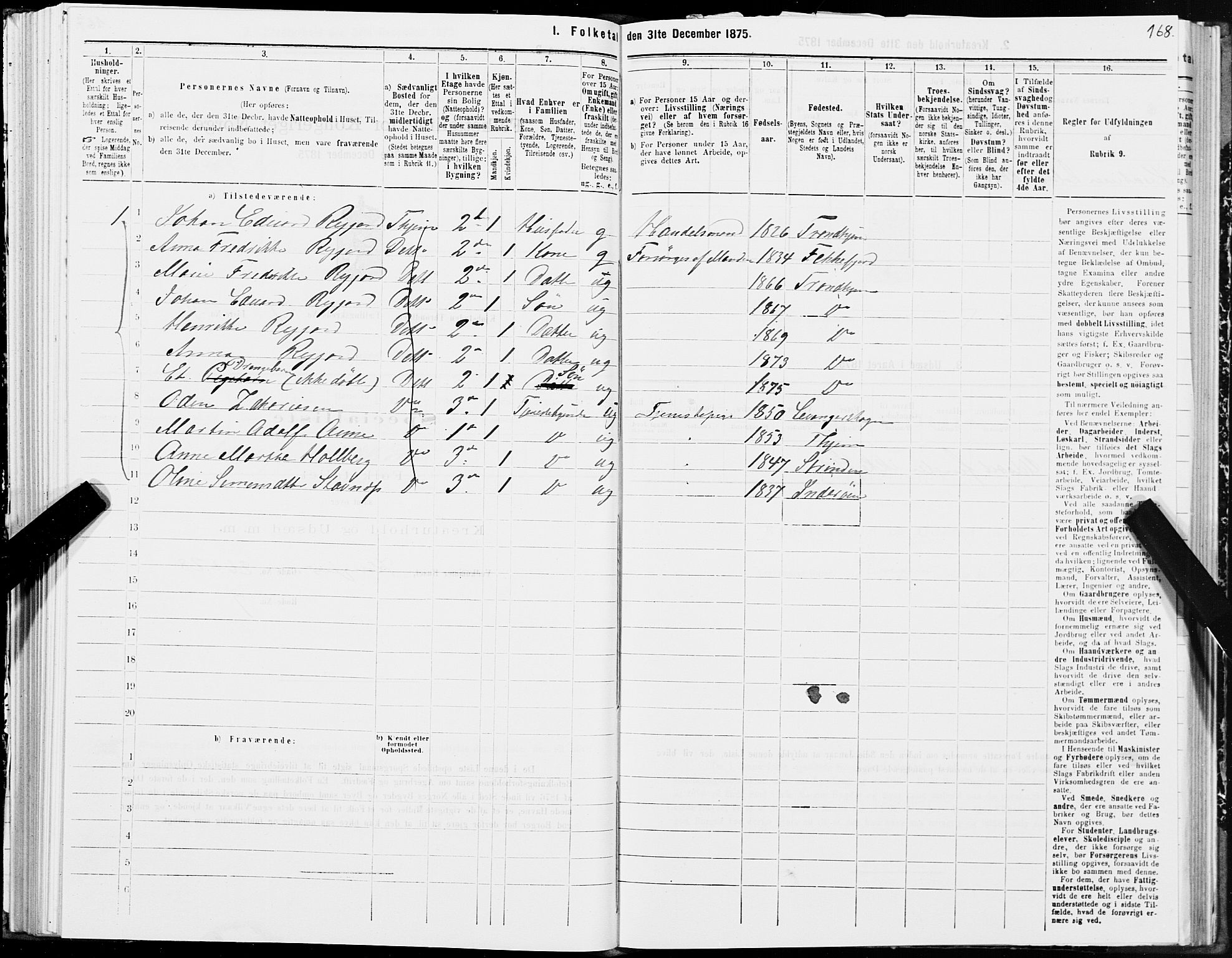 SAT, 1875 census for 1601 Trondheim, 1875, p. 4168