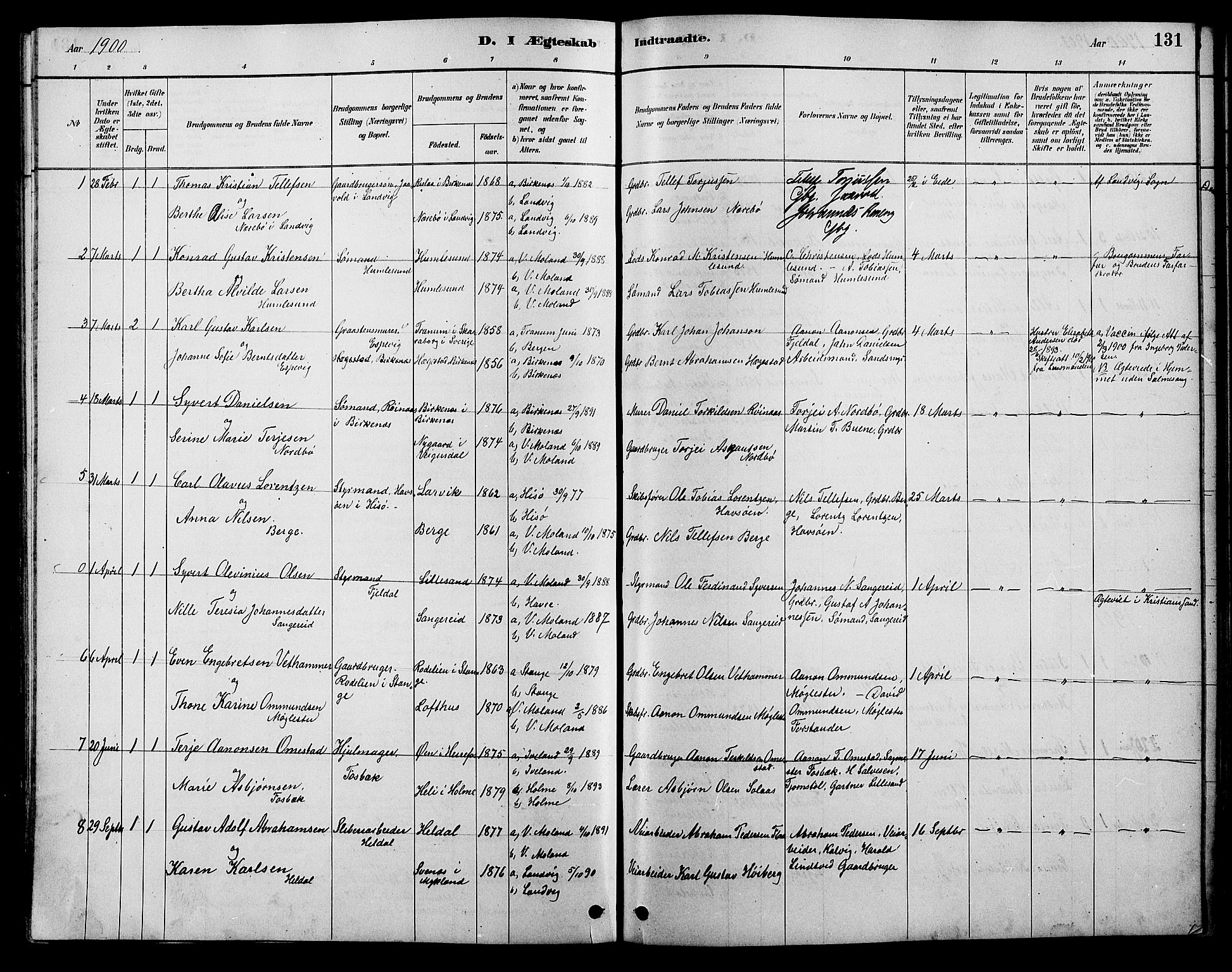 Vestre Moland sokneprestkontor, SAK/1111-0046/F/Fb/Fbb/L0006: Parish register (copy) no. B 6, 1884-1905, p. 131