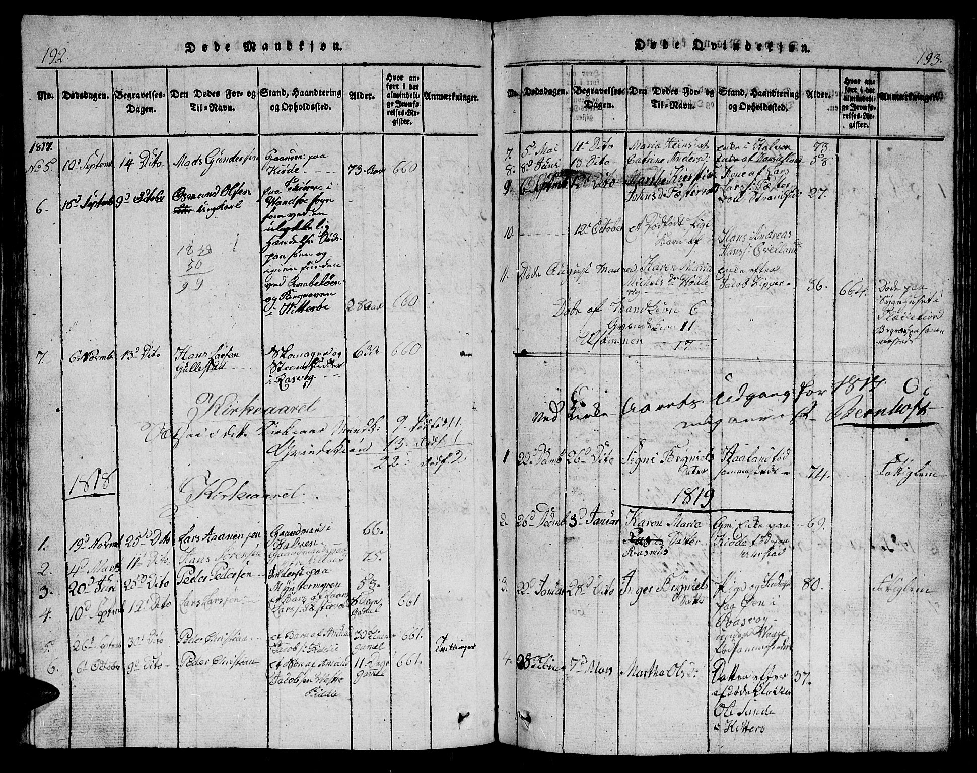 Flekkefjord sokneprestkontor, AV/SAK-1111-0012/F/Fb/Fbb/L0001: Parish register (copy) no. B 1, 1815-1830, p. 192-193